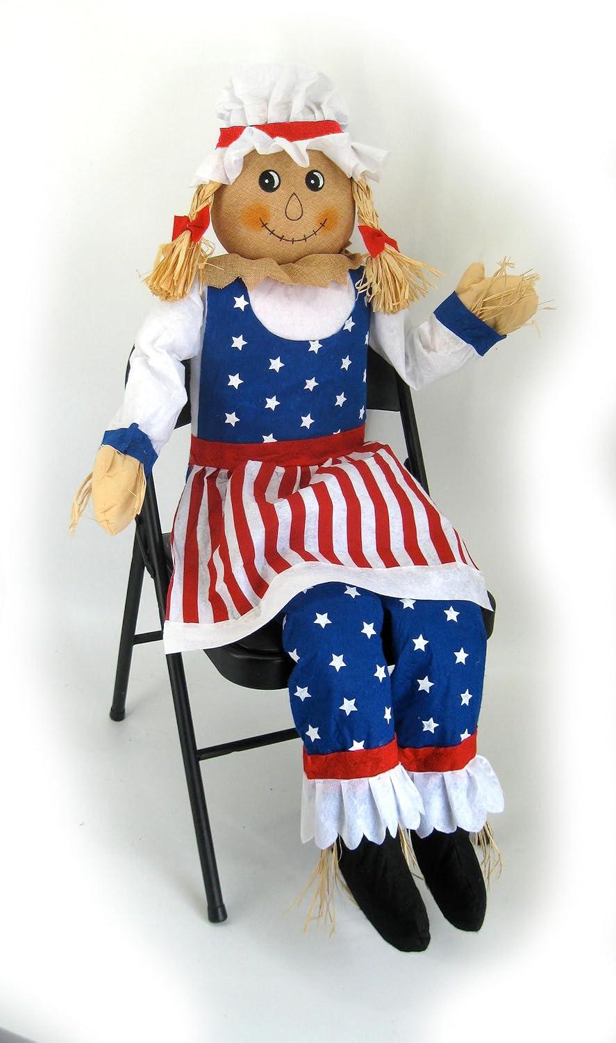 60" Large Sitting Scarecrow Mrs. Uncle Sam Patriotic Americana Fall Decoration 5'