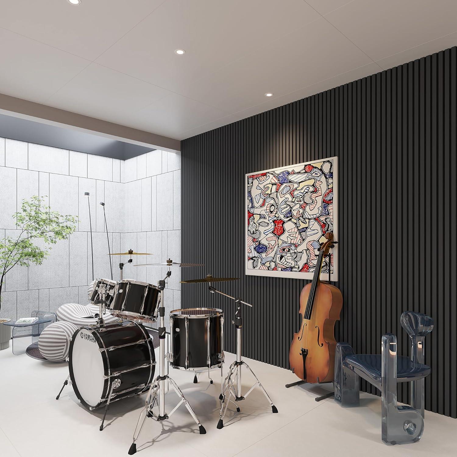 2-Pack 94.49 x 12.6 in. Solid Wood Acoustic Slat Wall Panel for Modern Interior Decor, TV Background, Living Room (Black)