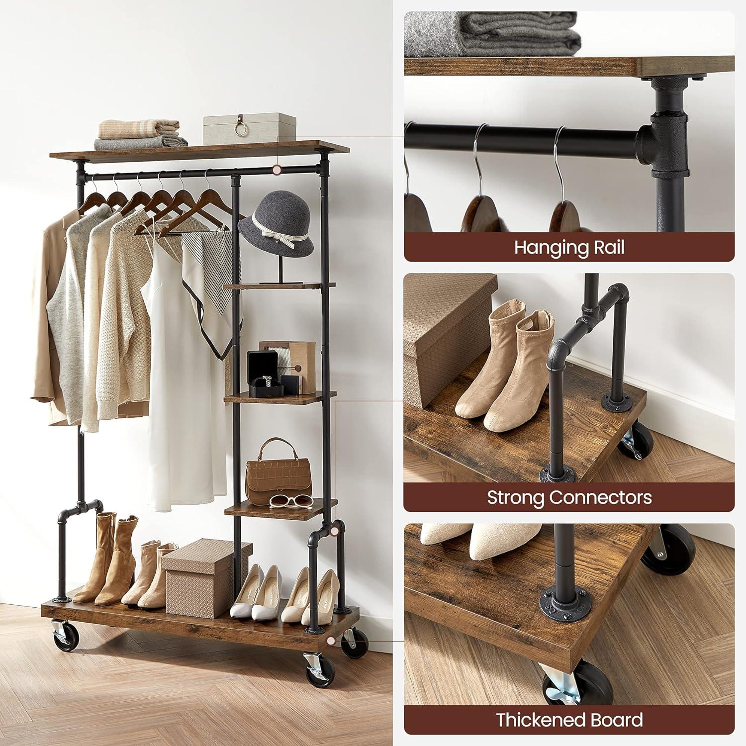 Clothes Rack,Rolling Clothes Organizer with 5-Tier, Industrial Pipe Style, Rustic Brown