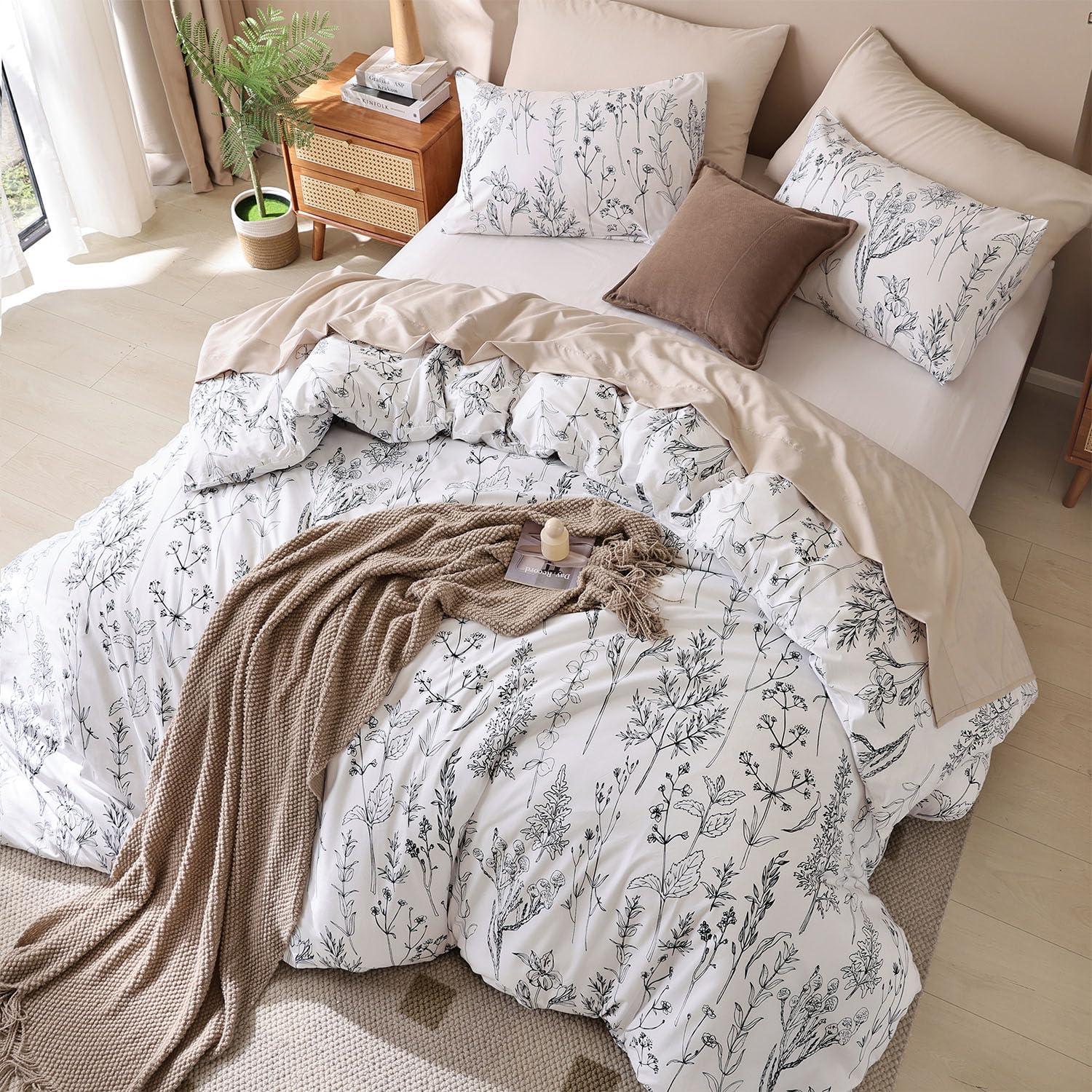 Queen Comforter Set - Floral Comforters Queen Size, White Comforter, 3 Pieces, 1 Comforter (90"x90") & 2 Pillow Cases (20"x26"), White