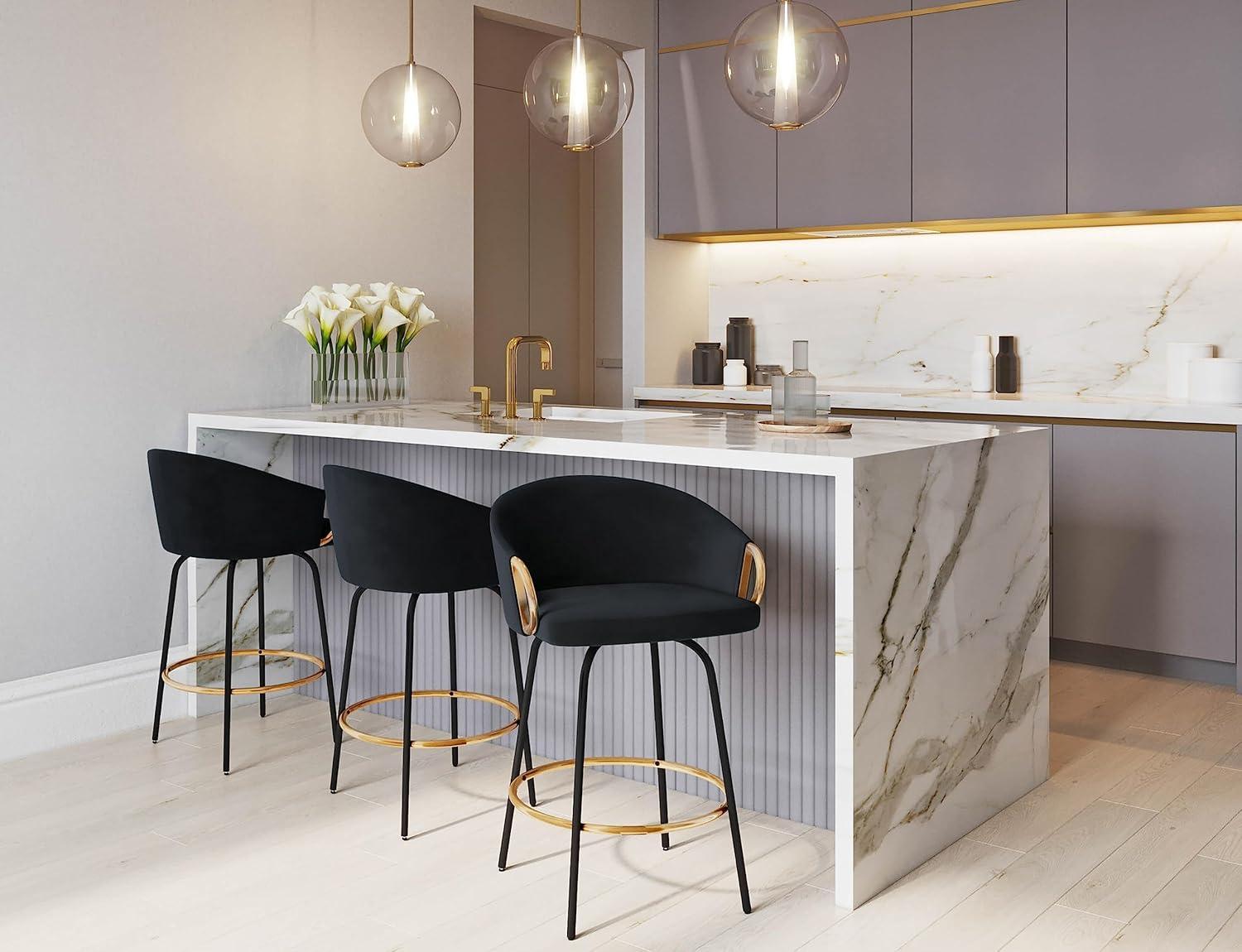 Set of 2 Claire Counter Height Barstools Gold/Cream/Black - LumiSource: Velvet Upholstery, Swivel, Footrest