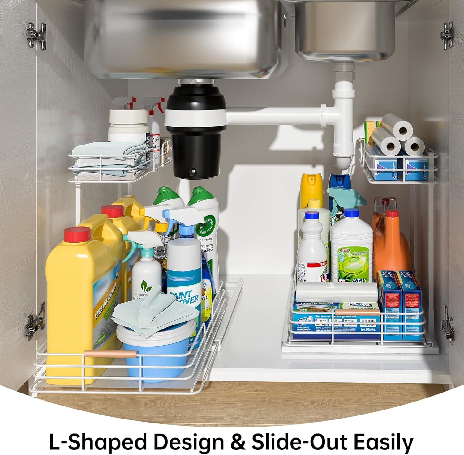 Under Sink Organizers and Storage, Pull Out Bathroom Kitchen Cabinet Organizers and Storage, 2-Tier White Under Sink Shelf Organizer Under Counter Storage Organizer