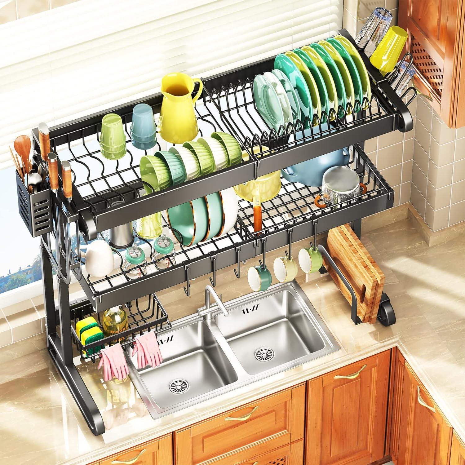 Adjustable Black Metal Over Sink 3-Tier Dish Drying Rack with Utensil Cup