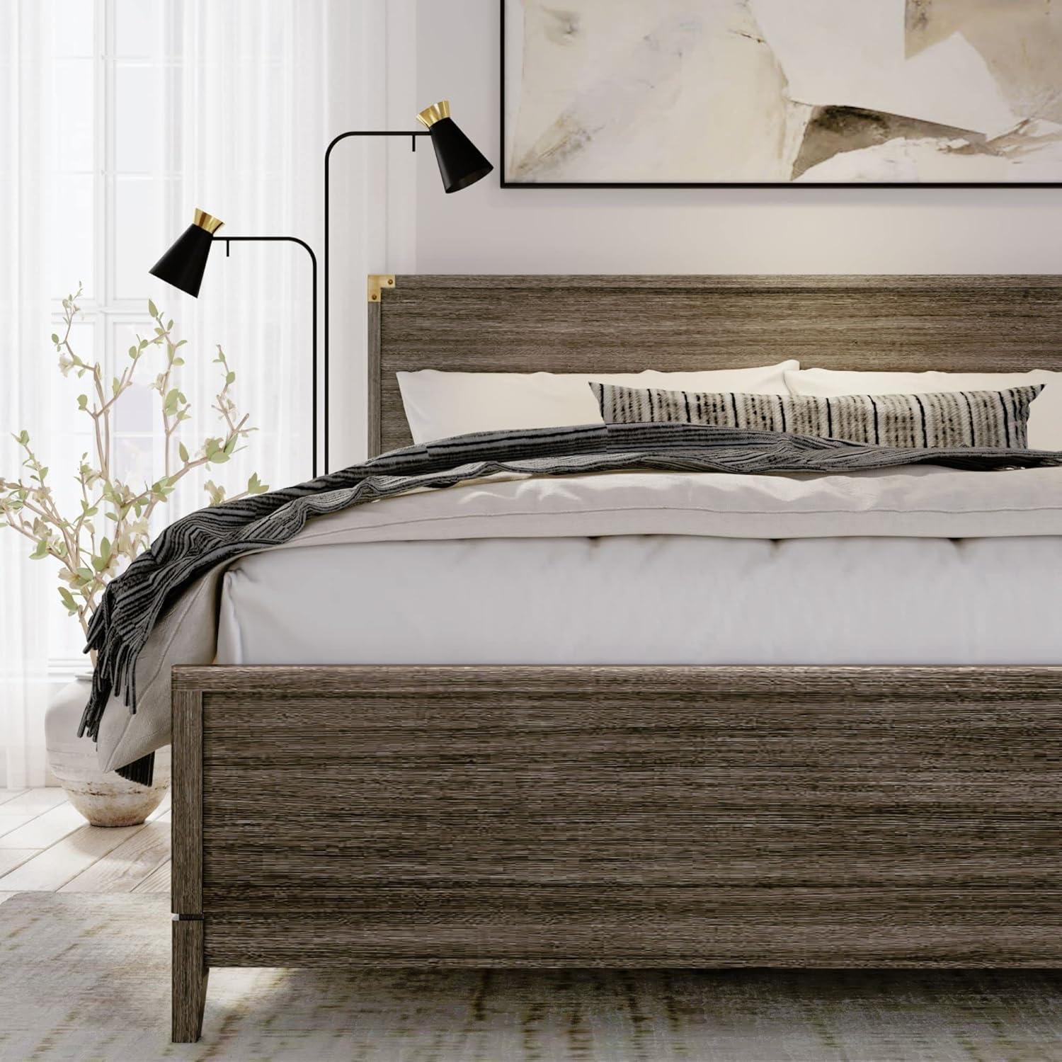 Plank+Beam Contempo King Size Bed with Panel Headboard, Solid Wood Bed with Wood Slats