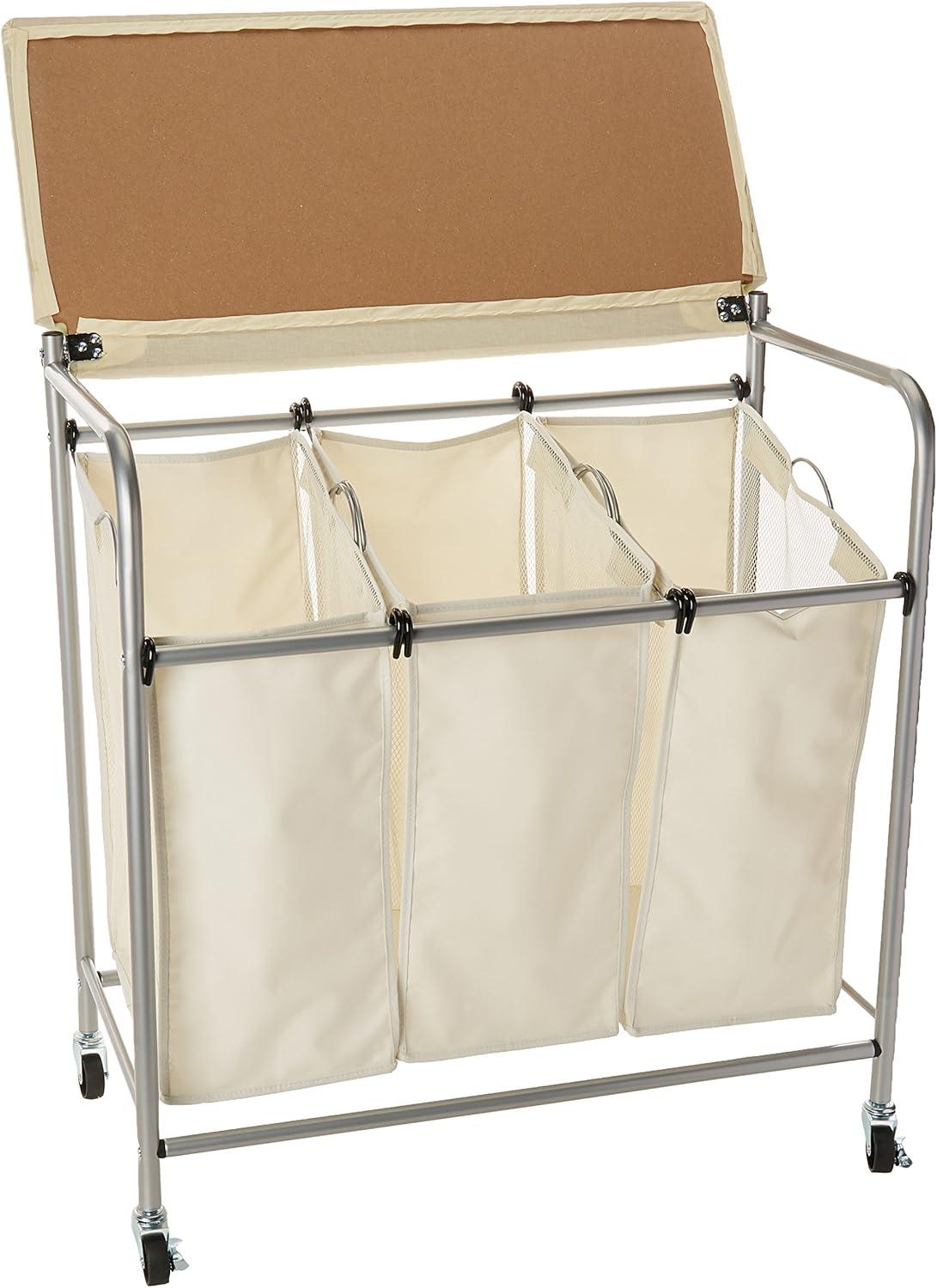 Honey-Can-Do 3 Bag Steel Rolling Laundry Sorter with Ironing Board Top, Silver/Natural