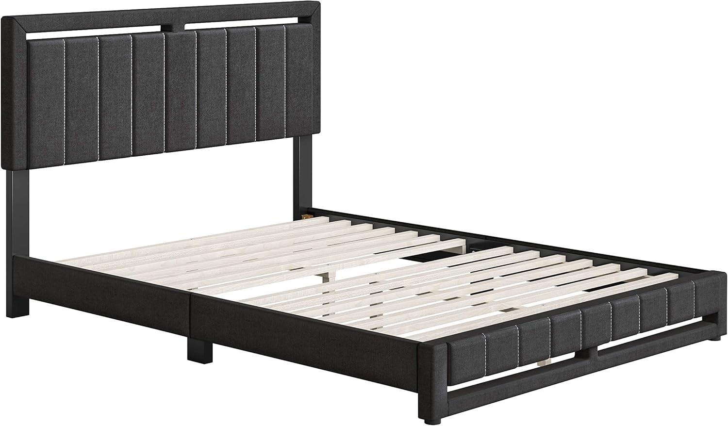 Elegant Charcoal Linen Queen Platform Bed with Tufted Headboard