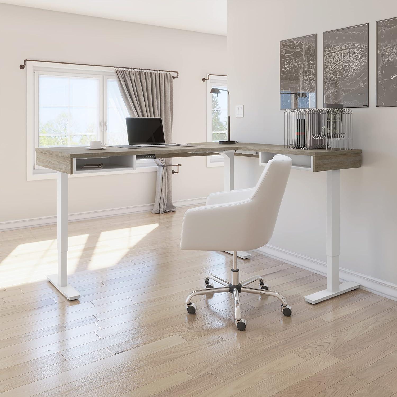 Bestar Pro-Vega L Shaped Adjustable Standing Desk in Walnut Gray and White