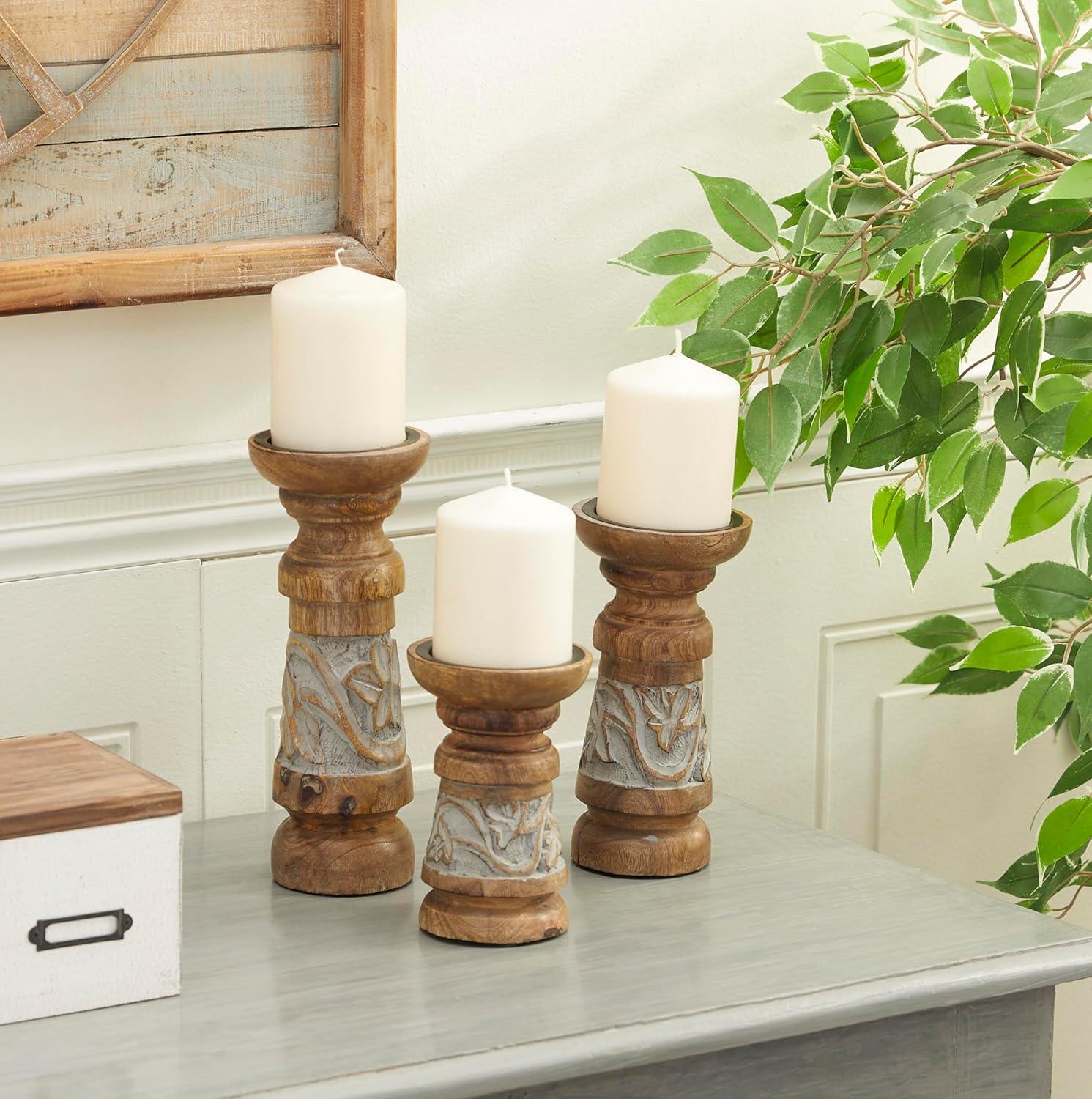 Elegant Bronze & Wood Pillar Candle Holder Trio, 3.9" x 9.95"