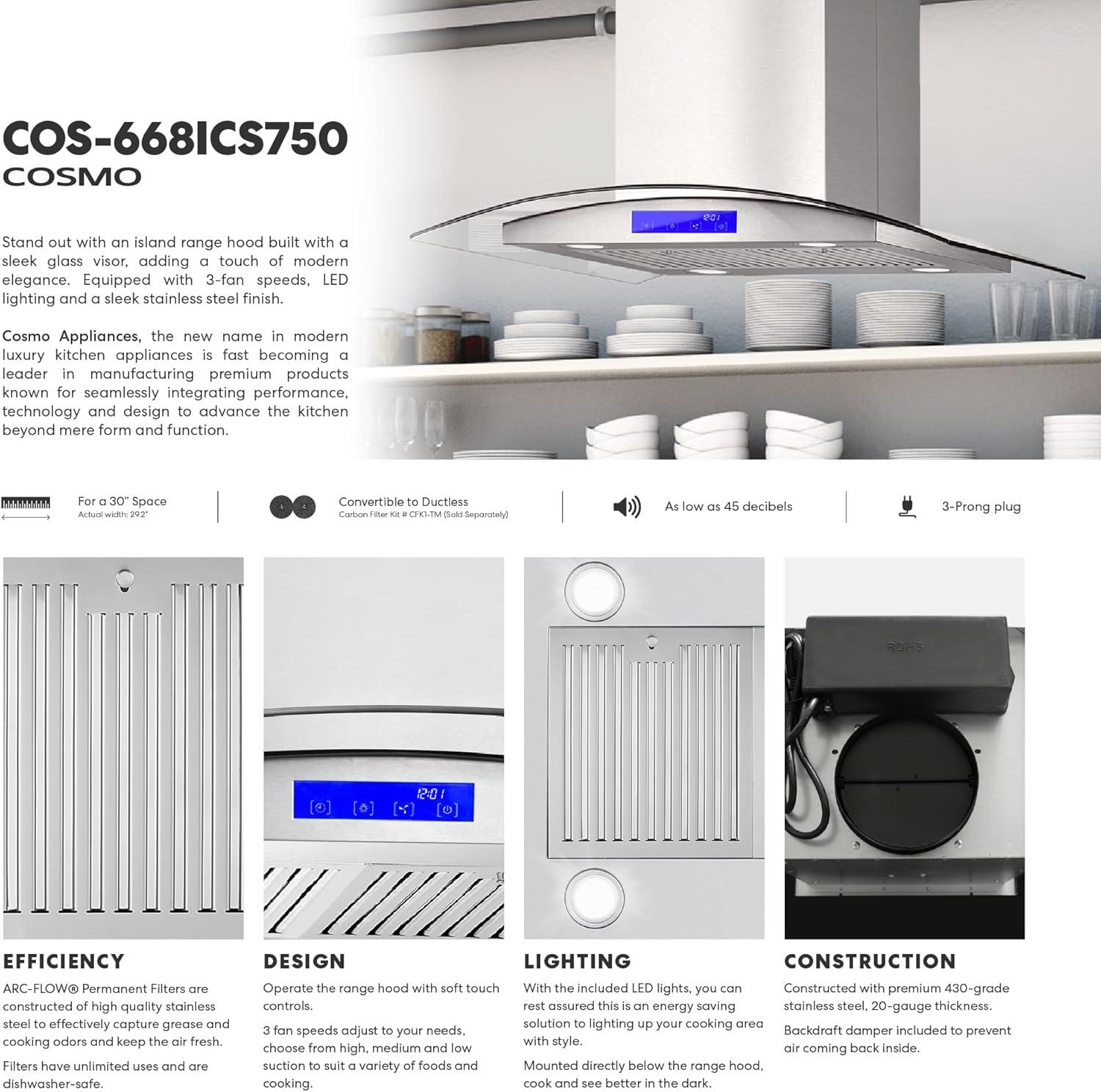 Cosmo 30 in. Ducted Island Range Hood in Stainless Steel with LED Lighting and Permanent Filters