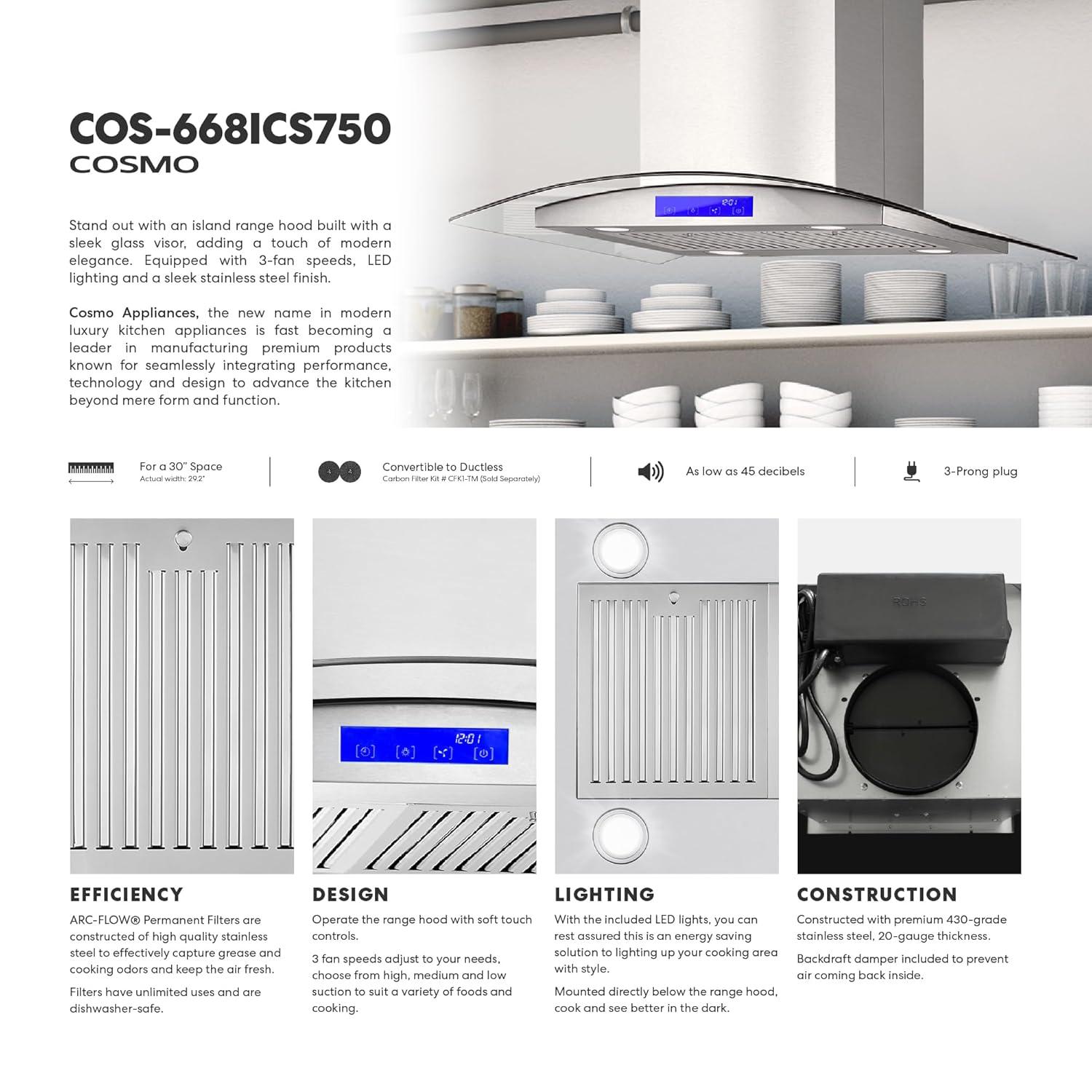 Cosmo 30 in. Ducted Island Range Hood in Stainless Steel with LED Lighting and Permanent Filters