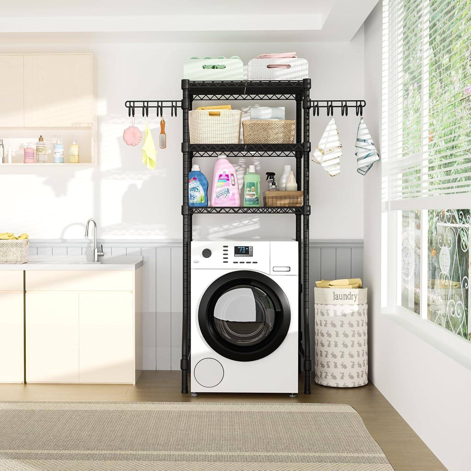 Organizador de Almacenamiento para Cuarto de Lavado U8, Estantes de Almacenamiento para Lavadora y Secadora para Organización de Lavandería, 35" de Ancho x 13.4" de Profundidad x 76.2" de Alto, Adecuado para Lavadora con un Ancho de 32.6", Capacidad para 304 lb, Negro