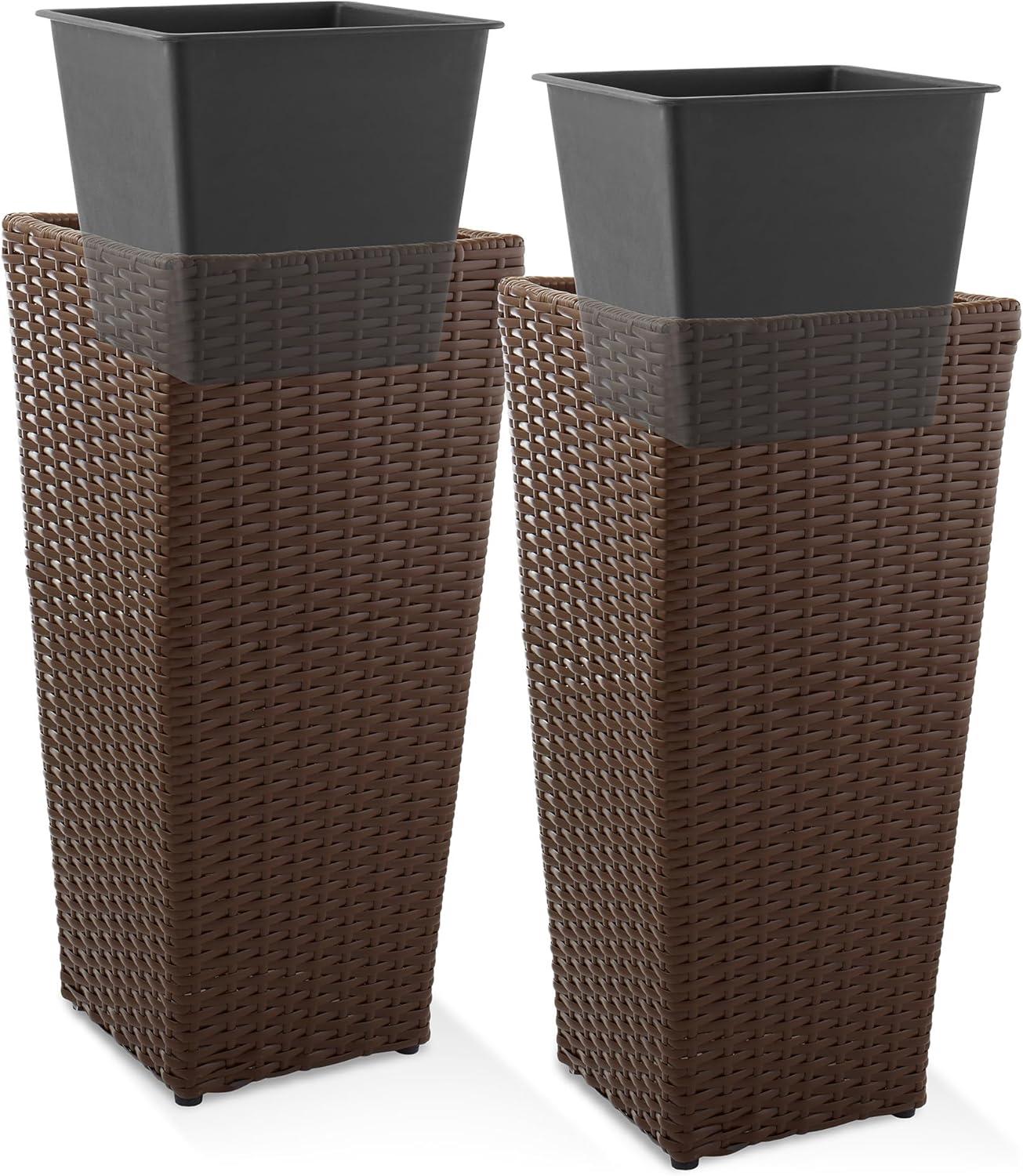 Casafield All-Weather Outdoor Planters with Liners - Set of 2, Tall Tapered Plant Boxes with Flower Pots for Front Porch, Patio, Garden - Espresso