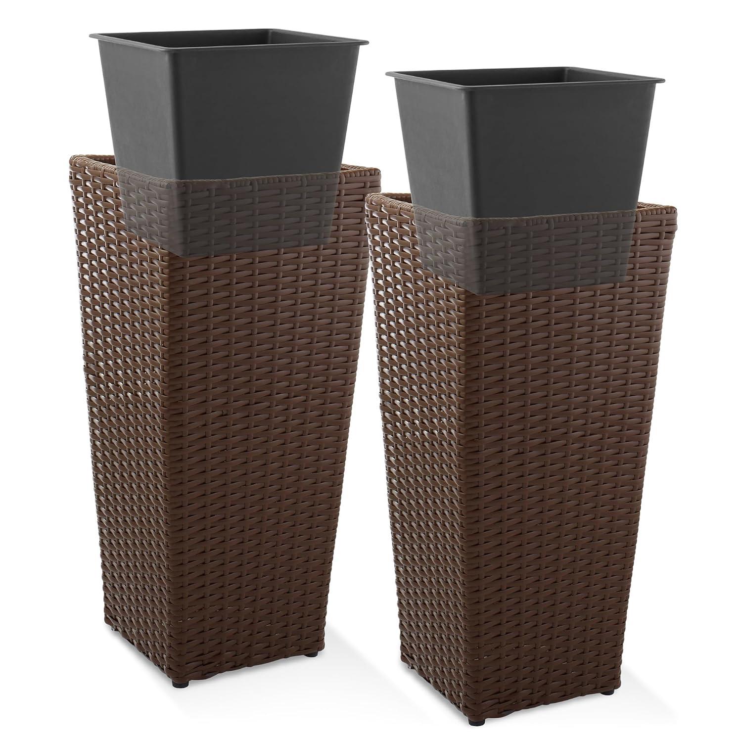 Casafield All-Weather Outdoor Planters with Liners - Set of 2, Tall Tapered Plant Boxes with Flower Pots for Front Porch, Patio, Garden - Espresso