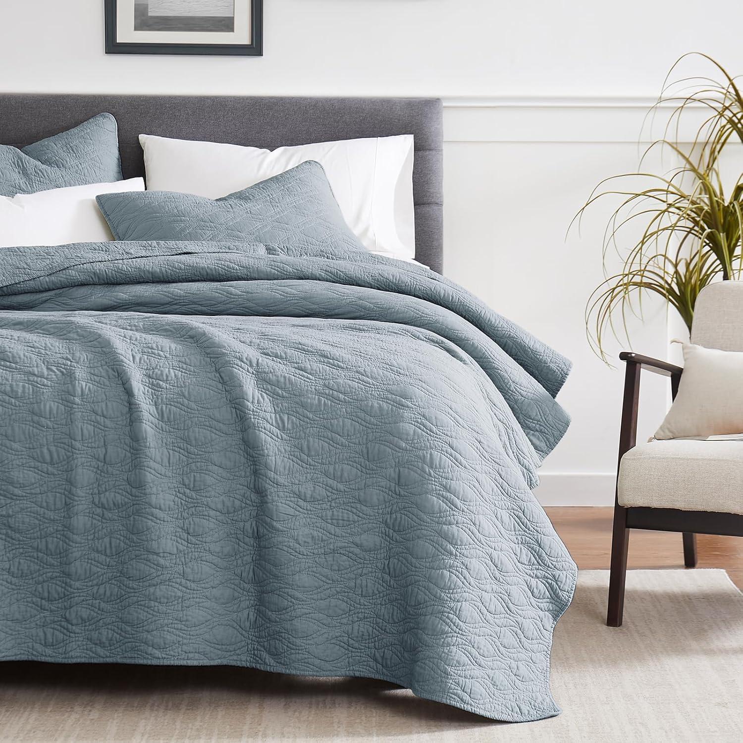 palassio Blue Cotton Quilt California Cal King Size Bedding Sets with Pillow Shams,Oversized Lightweight Soft Bedspread Coverlet, Cozy Bed Cover for All Season, 3 Pieces, 118x106 inches