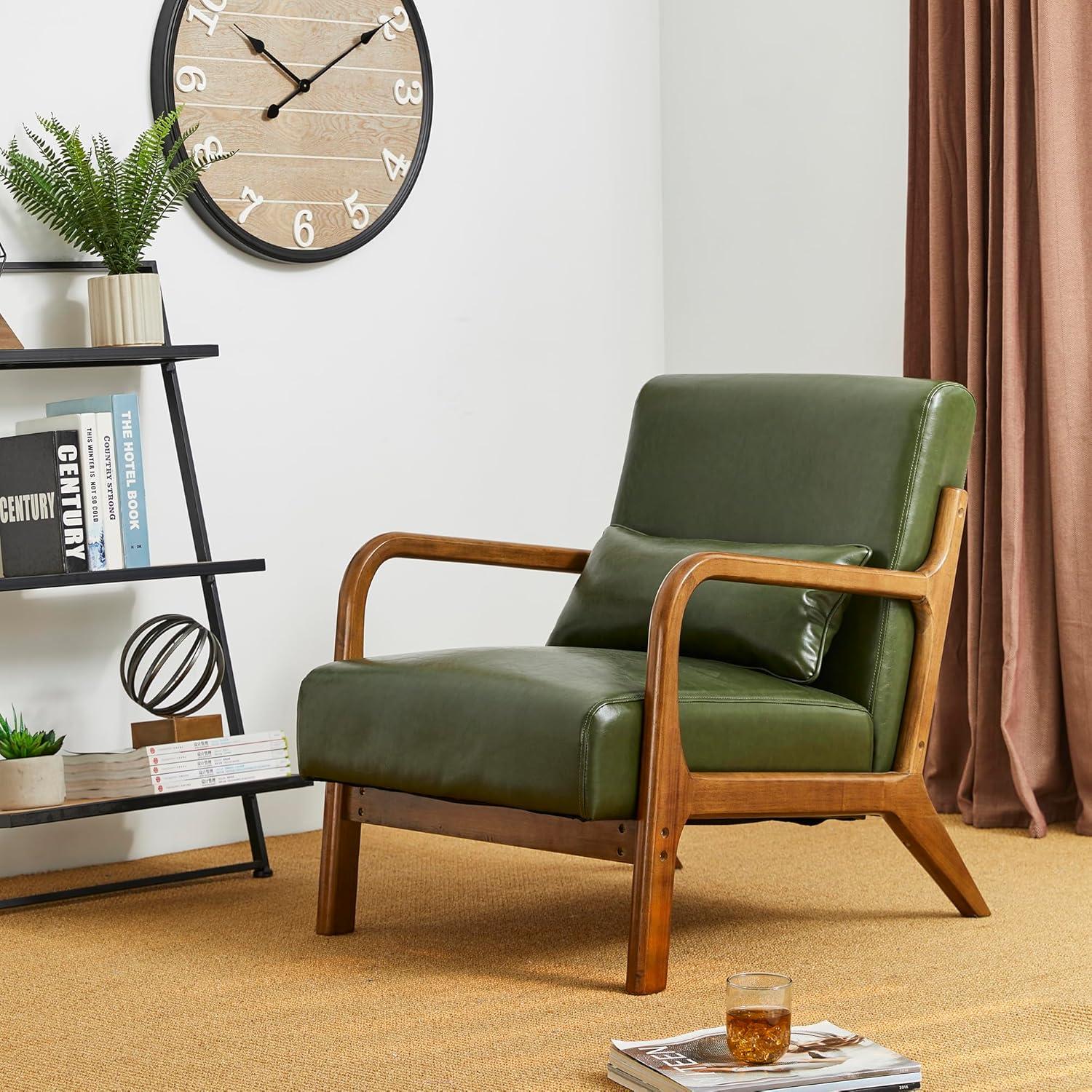Mid-Century Modern Leatherette Arm Accent Chair Walnut Rubberwood Frame - Hunter Green - Glitzhome