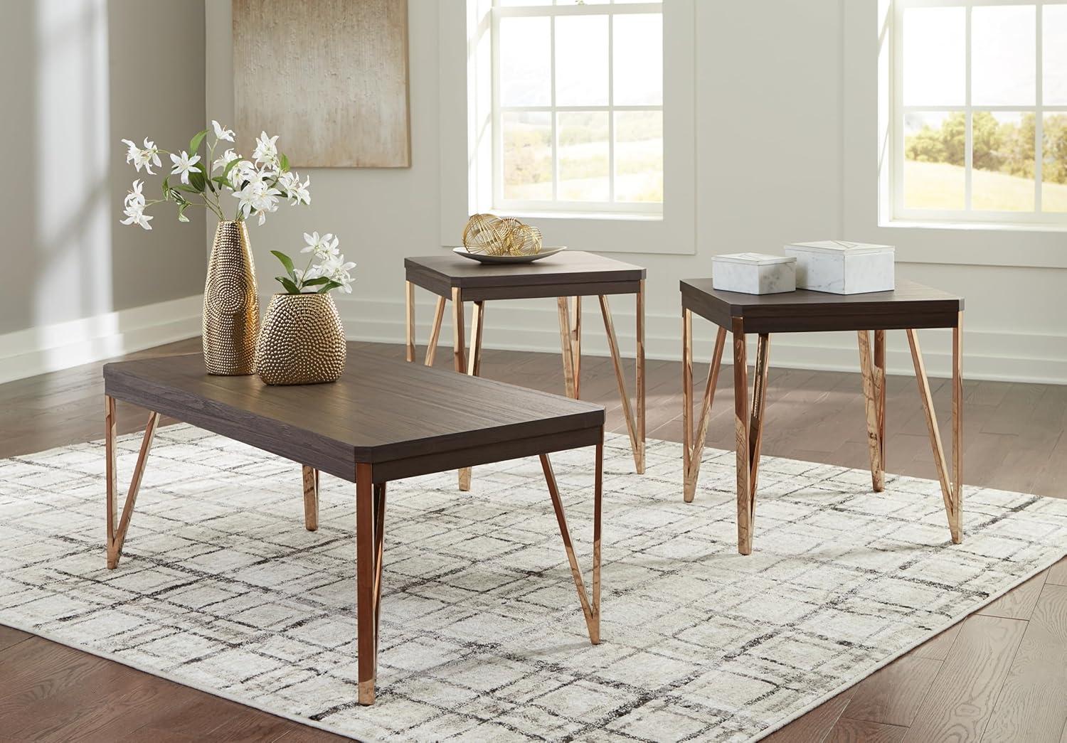 Signature Design by Ashley Bandyn Contemporary Occasional Table Set with Steel Legs, Set of 3, Dark Brown & Metallic