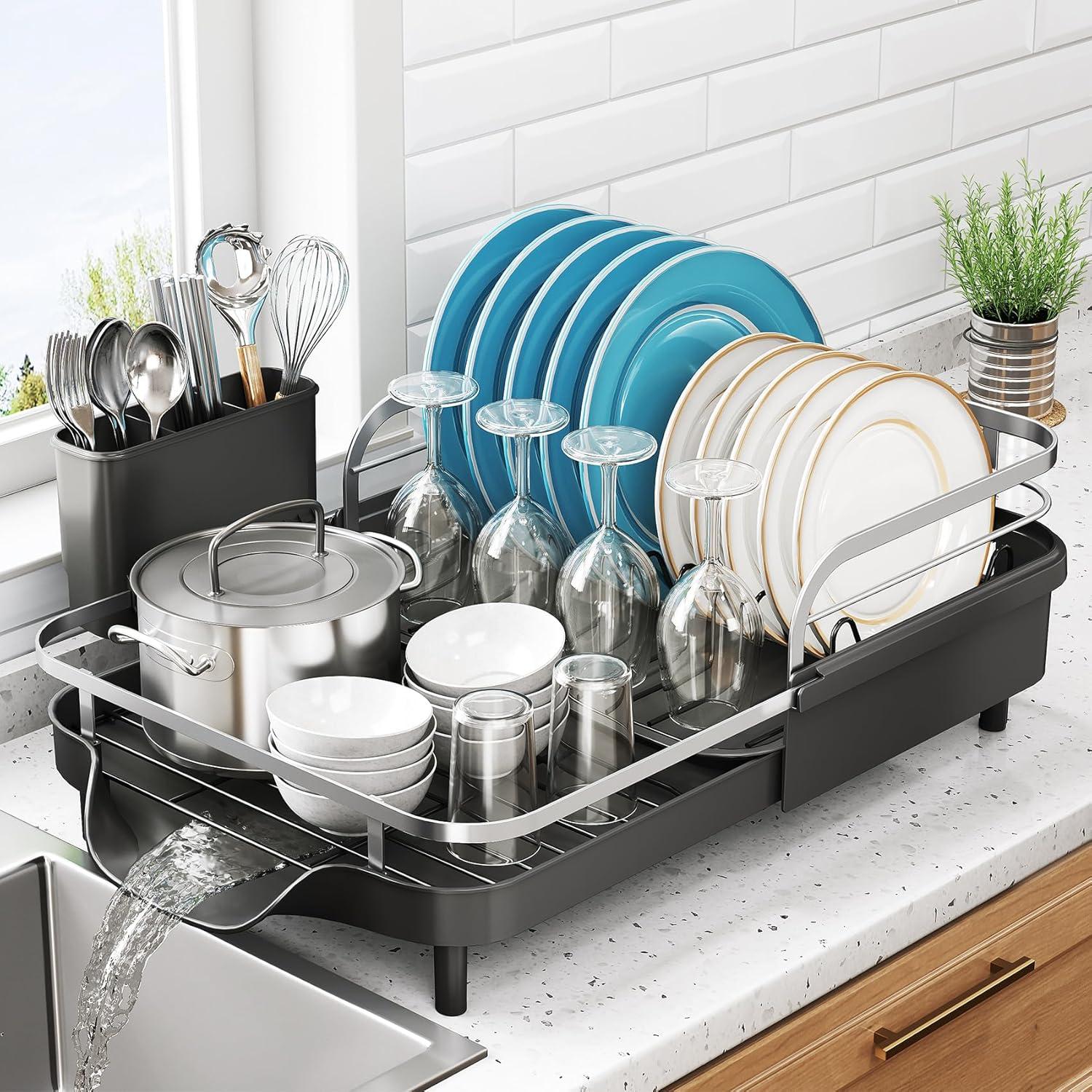 Fabhob Expandable Dish Rack for Kitchen Counter, Stainless Steel Dish Drainer with Drainboard Set and Utensil Holder