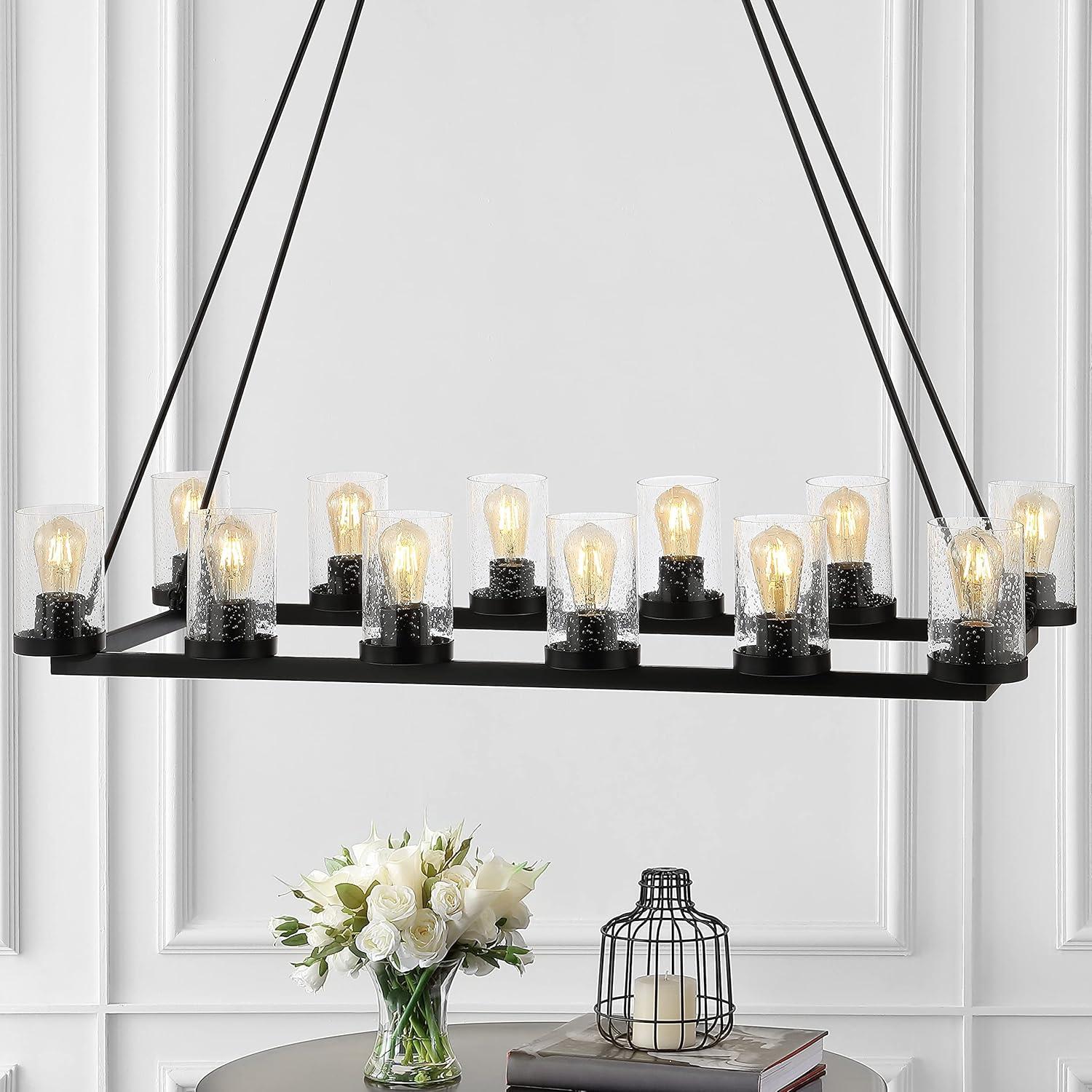 JONATHAN Y JYL7555A Corona de 45,5" - 12 Luces de Vidrio sin Semillas/hierro Rústico Granja Rectangular LED Candelier, Industrial, Vintage para Sala de Estar, Comedor, Dormitorio Bombilla Incluida, Bronce Aceitado