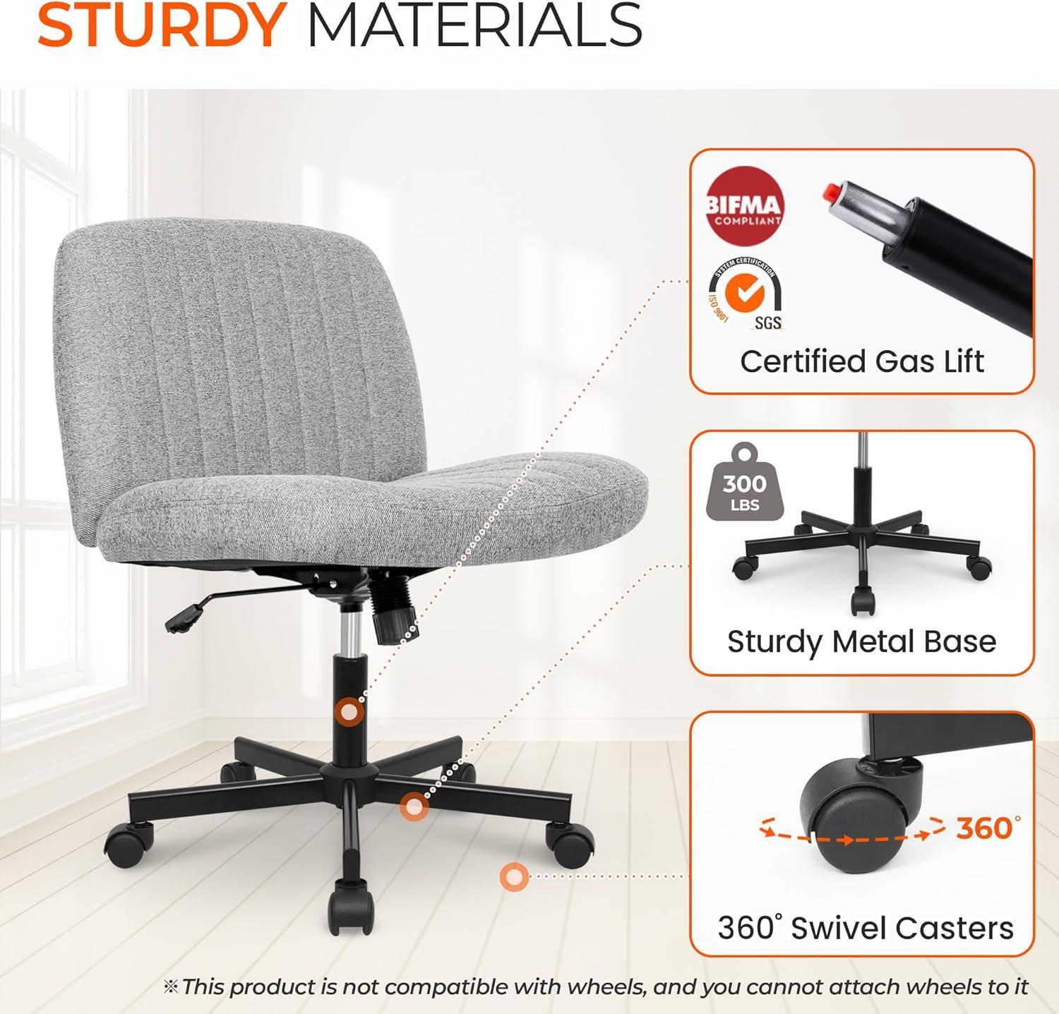 Orange Factory Criss Cross Chair with Wheels, Armless Cross Legged Office Desk Chair, Wide Comfy Vanity Rolling Swivel Modern Comfortable Fabric Computer Task Chairs for Home Office (Grey)