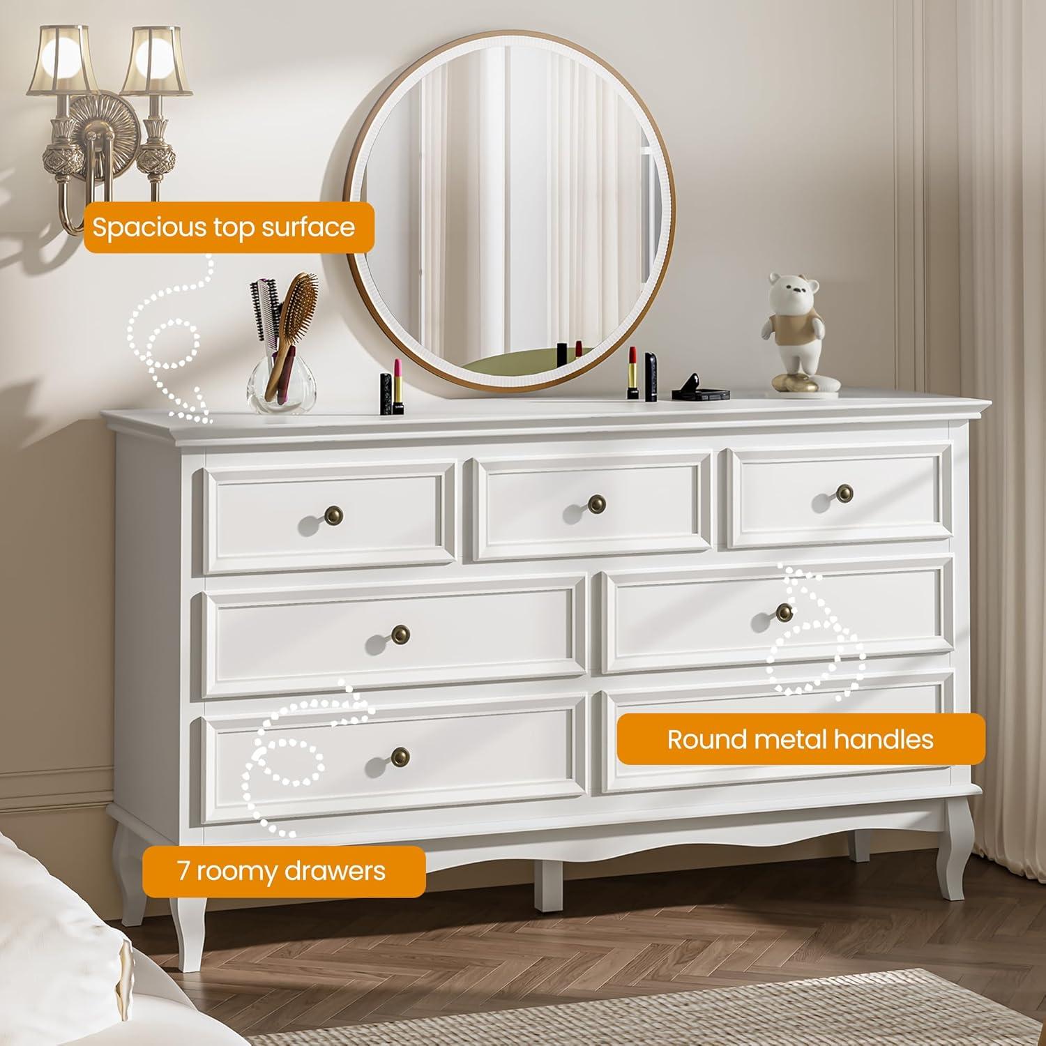 RoyalCraft White Fluted 6 Drawer Dresser for Bedroom, Modern Chest of Drawers, Wood Dresser for Storage Clothes, Wooden Storage Cabinet for Bedroom, Hallway, Living Room, Entryway