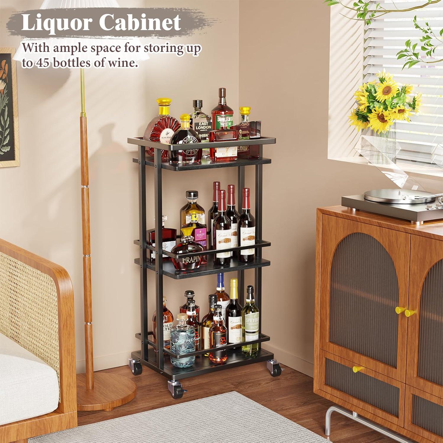 Black Industrial 3-Tier Rolling Bar Cart with Wine Rack