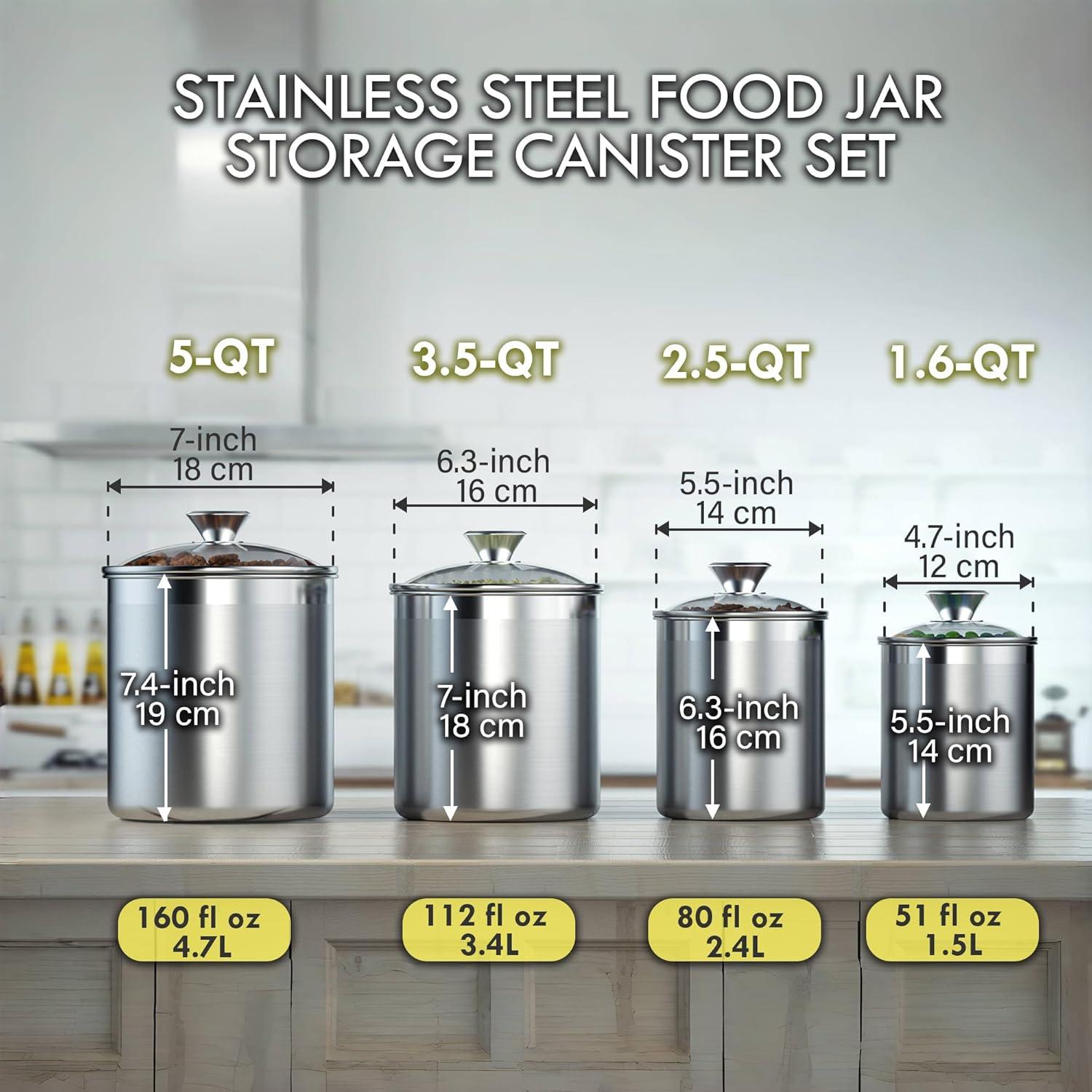 Cooks Standard Stainless Steel Food Jar Storage Canister Set Large 4-Piece, 1.6qt/2.5qt/3.5qt /5qt Airtight Containers with Glass Lid for Tea Coffee Sugar Flour Pantry Kitchen Counter