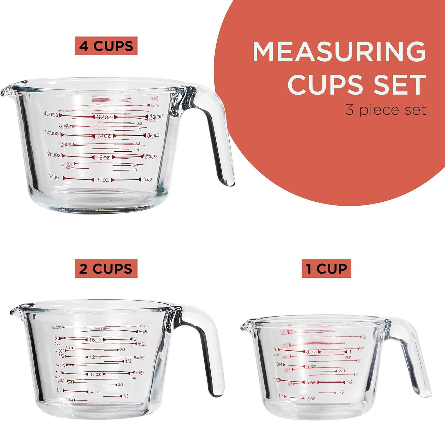 NutriChef 3pc Premium Glass Measuring Cup Set with Easy-Grip Handles - NCGL3MES