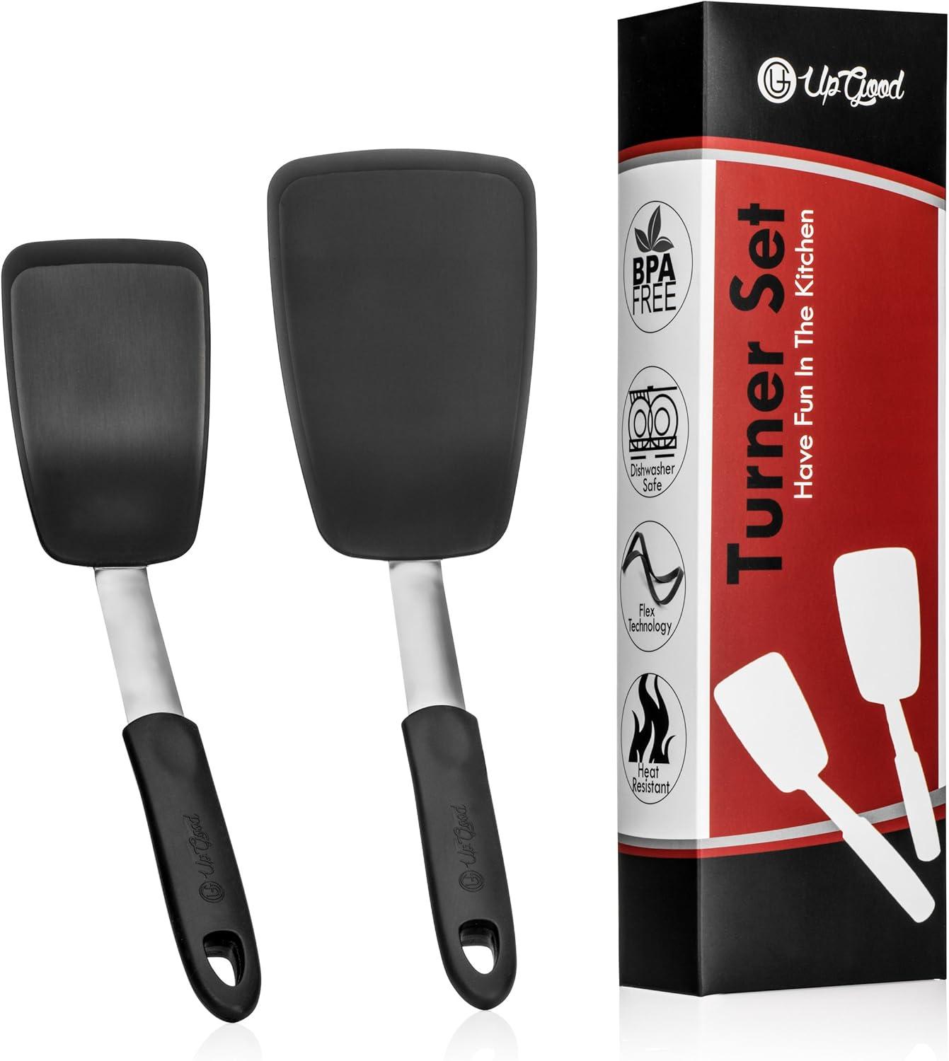 Turner Set | 2 Pack | Large and Small Kitchen Spatulas | Stainless Steel & Silicone | Non-Stick and Heat Resistant Utensils for Cooking, Flipping and Pressing (UpGood Kitchen Tools, Shadow Black)