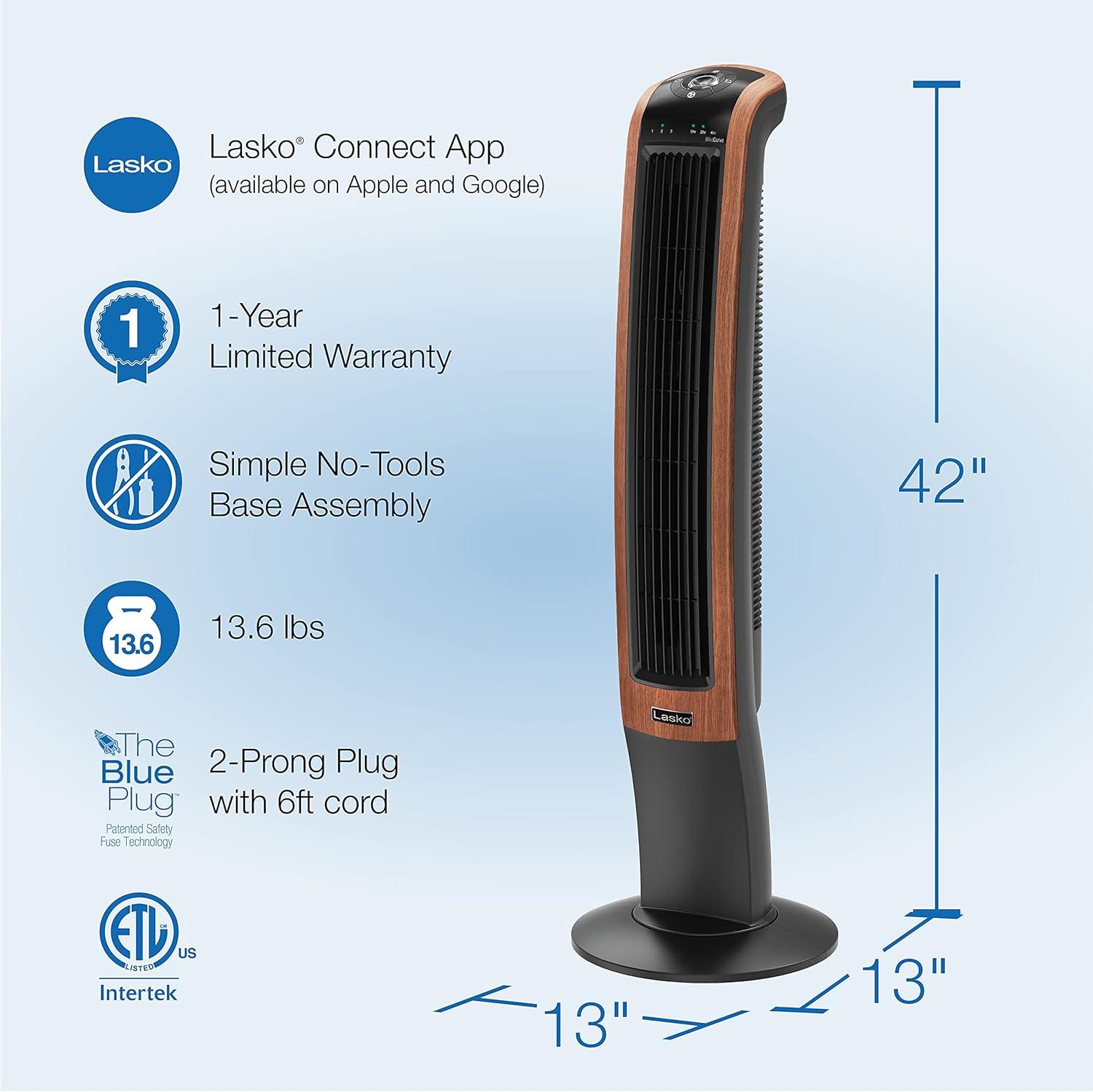 Lasko 42" Wind Curve Oscillating Tower Fan with Bluetooth® Technology, Black, T42905, New