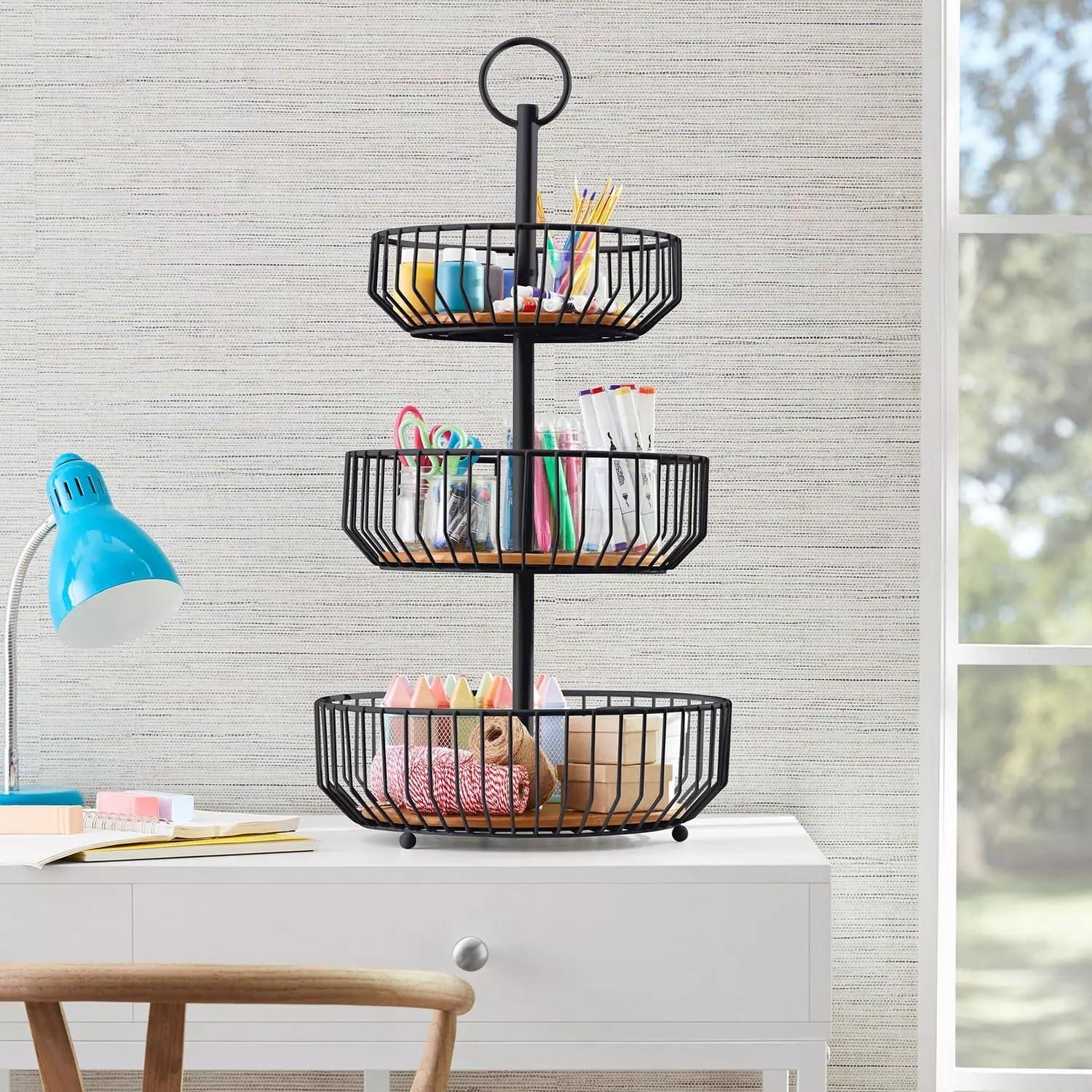 Black Iron and Wood 3-Tier Pedestal Basket Stand