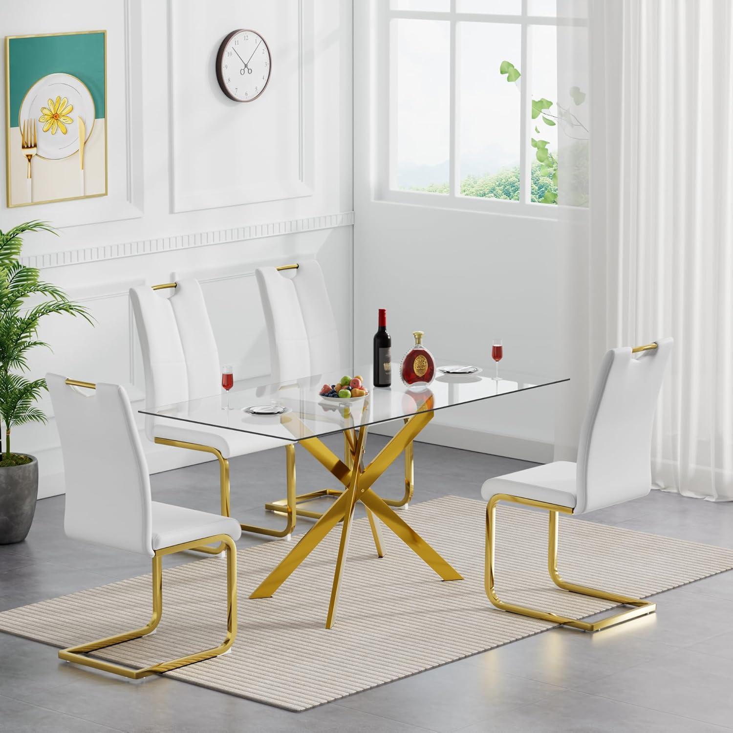 Henf 5 Piece Gold Dining Table Set for 4, Modern Glass Kitchen Table and Chairs for 4, Dining Room Table Set with 51" Glass Dinner Table & 4 White Faux Leather Chairs for Small Space,Home, Apartment