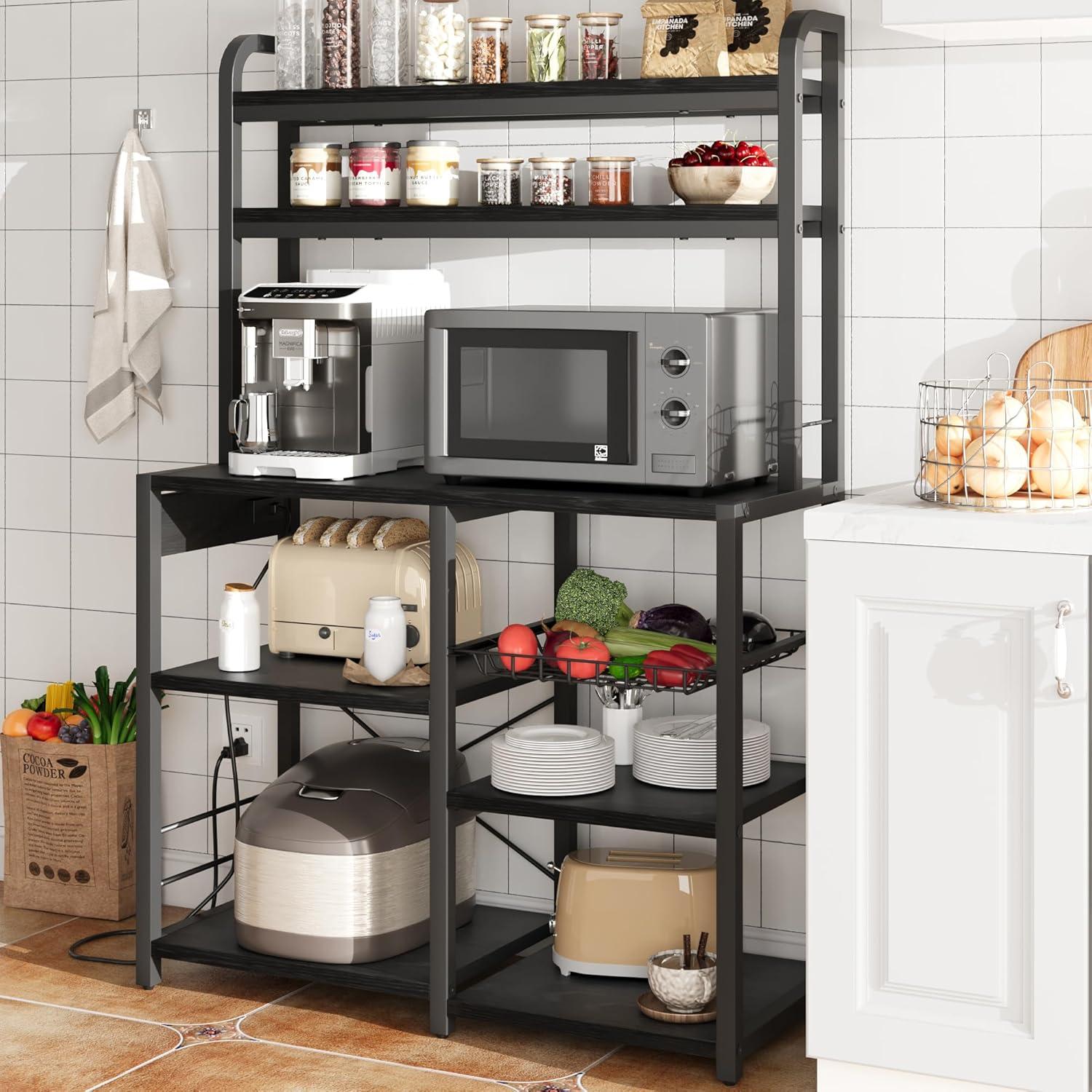 Bakers Rack with Power Outlet, Coffee Bar with Wire Drawer, Industrial Microwave Stand, Kitchen Buffet Table with Large Storage, 6-Tier Kitchen Storage Rack with Hutch