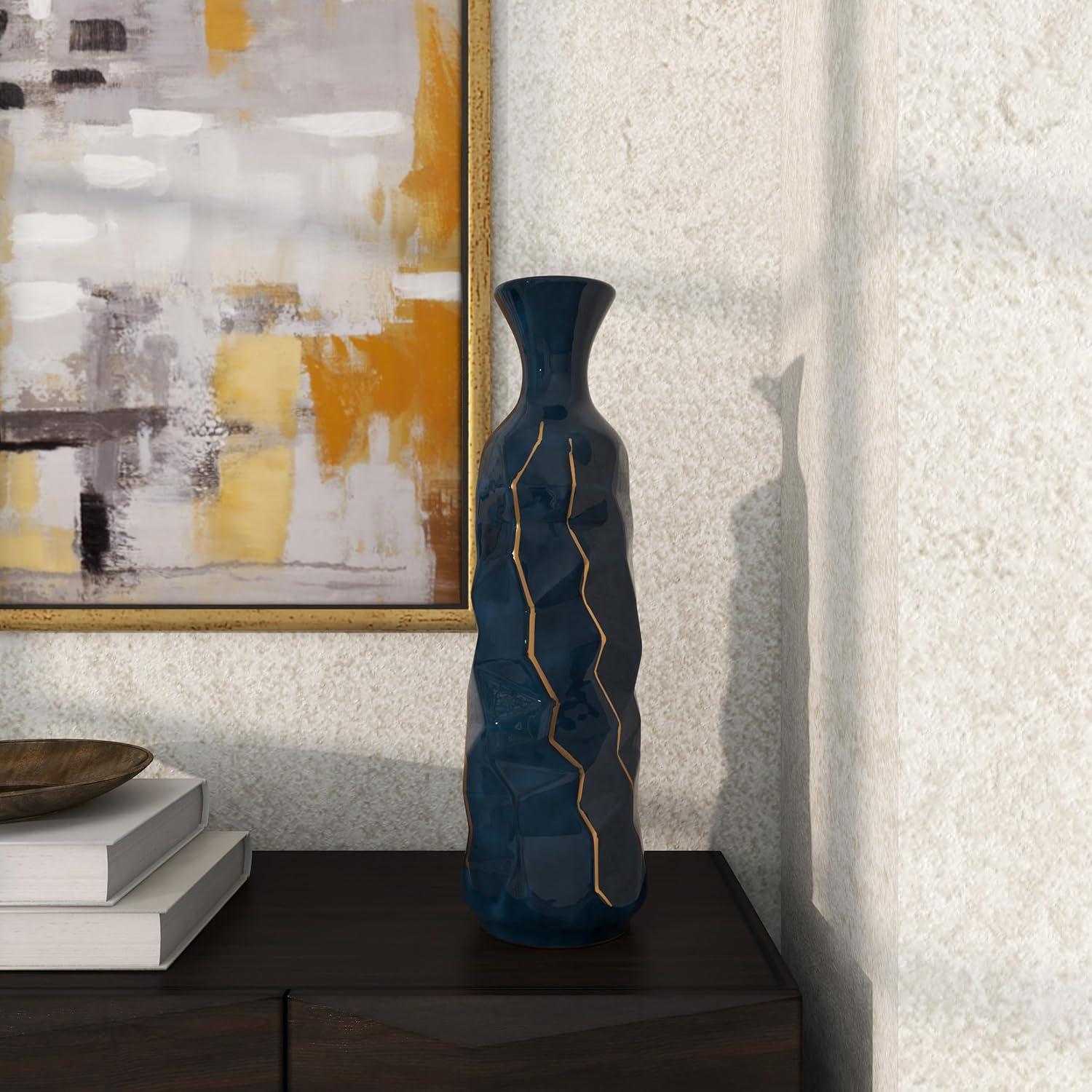 DecMode Blue Ceramic Modern and Coastal Vase 5"W x 15"H, featuring Minimalist Design with clean Lines and Angular Structures