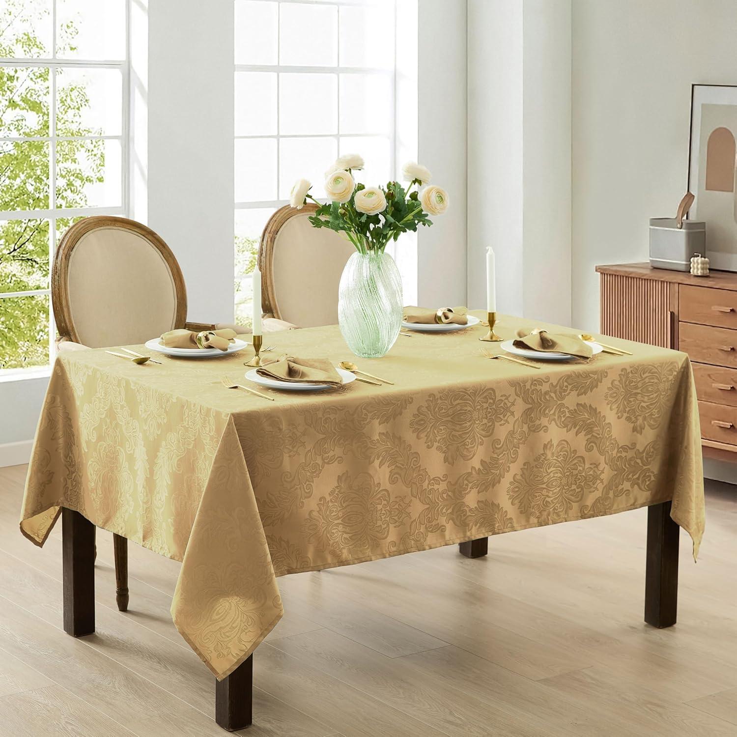 Barcelona Jacquard Damask Stain Resistant Tablecloth - 60" x 144" Rectangle - Gold - Elrene Home Fashions