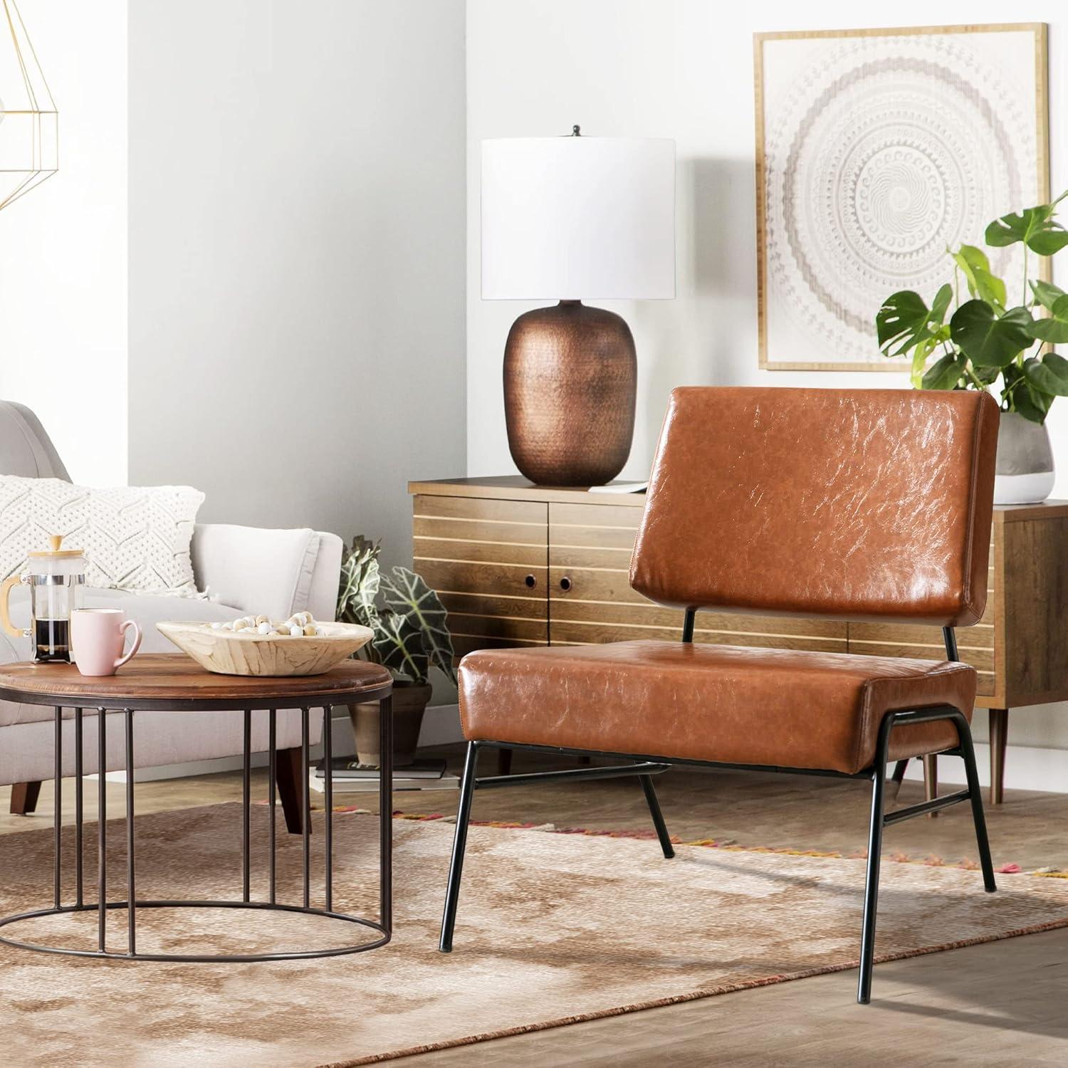 AWQM Faux Leather Accent Chair, Mid-Century Modern Armless Lounge Chair with Metal Frame Upholstered Waiting Room Chair,Office Chair Single Sofa Chairs for Living Room Bedroom,Brown