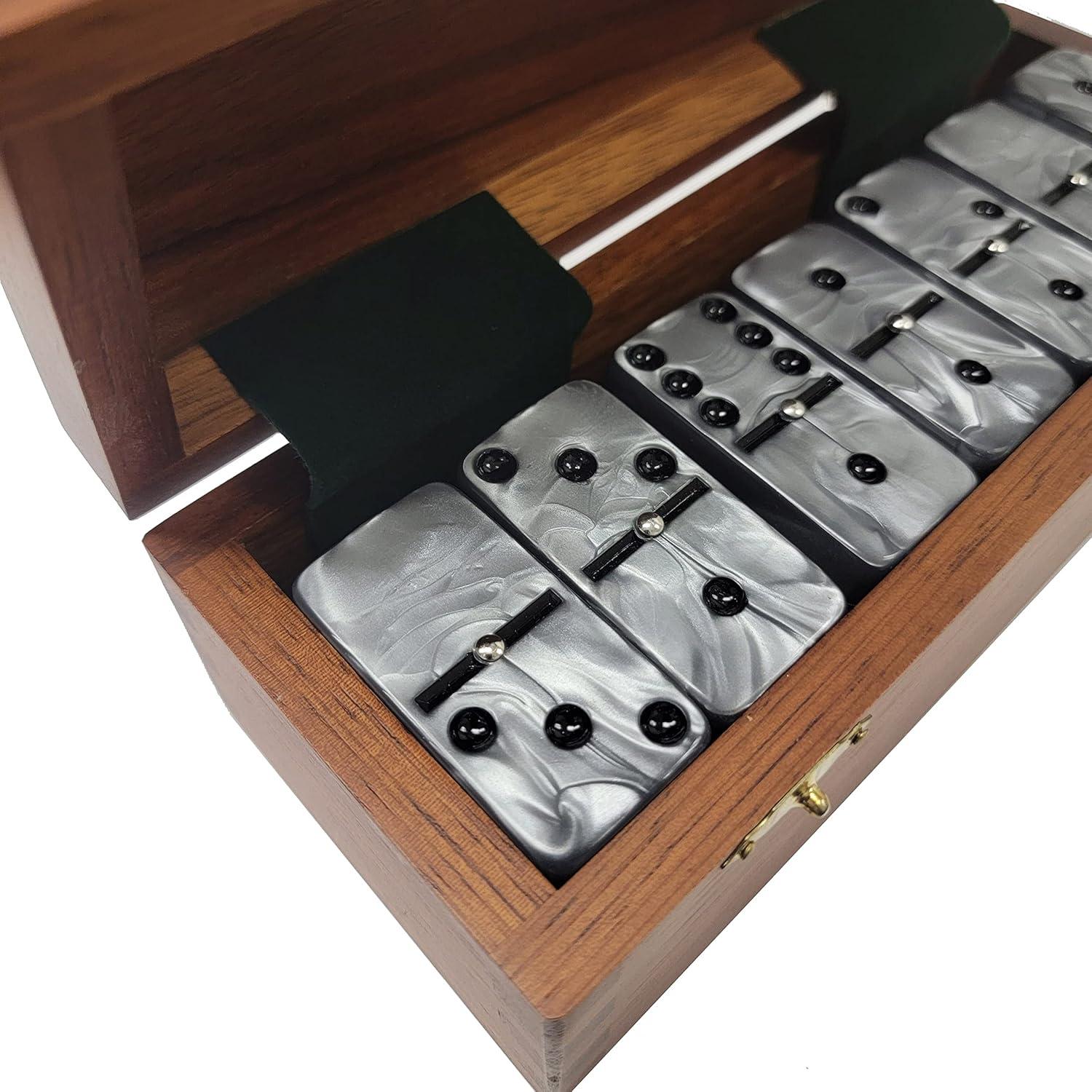 Marion & Co. Domino Double Six Silver Jumbo Tournament Professional Size with Spinners in a Dovetail Sheesham Wood Box