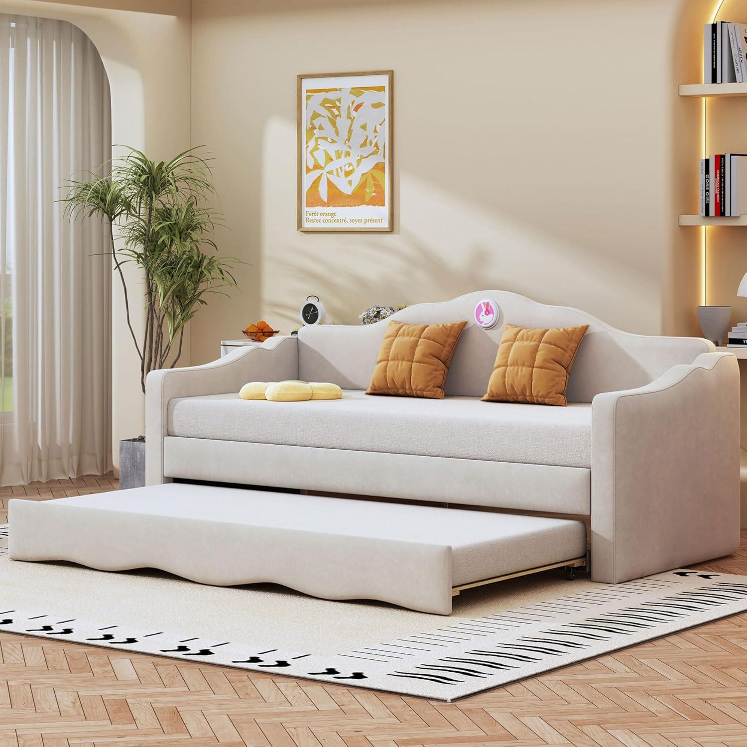 Ball & Cast Upholstered Twin Size Daybed with Trundle, Sofa Bed Frame with Wave-Shaped Back & Arm & Wood Slat Support, No Box Spring Needed, Gray