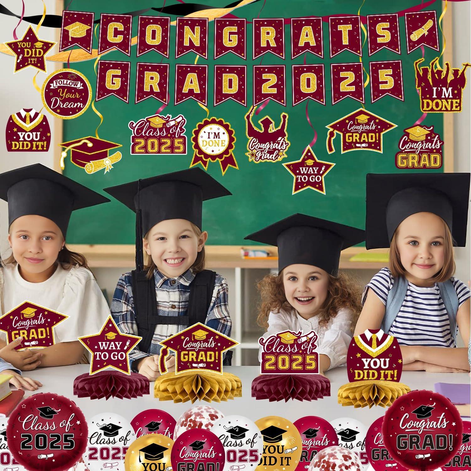 2025 Graduation Party Decoration, Red Gold Themed Set with Congrats Grad Banner, Balloons, Foil Number 2025 for Class of 2025 Graduation Party Supplies