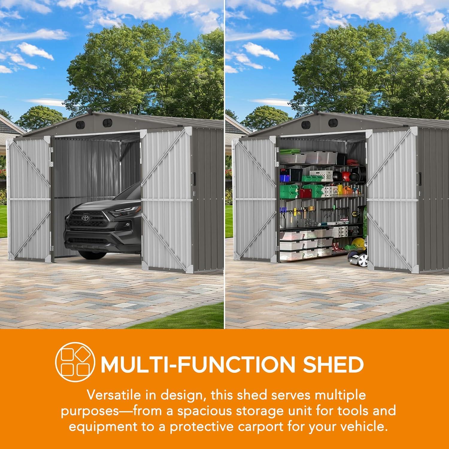 Sunjoy Outdoor Storage Shed 13 x 20 ft. Carport, Patio Metal Utility Large Storage Shed Garage with 2 Doors and 4 Vents, for Car, Truck, Bike, Garbage Can, Tool, Lawnmower, Light Grey