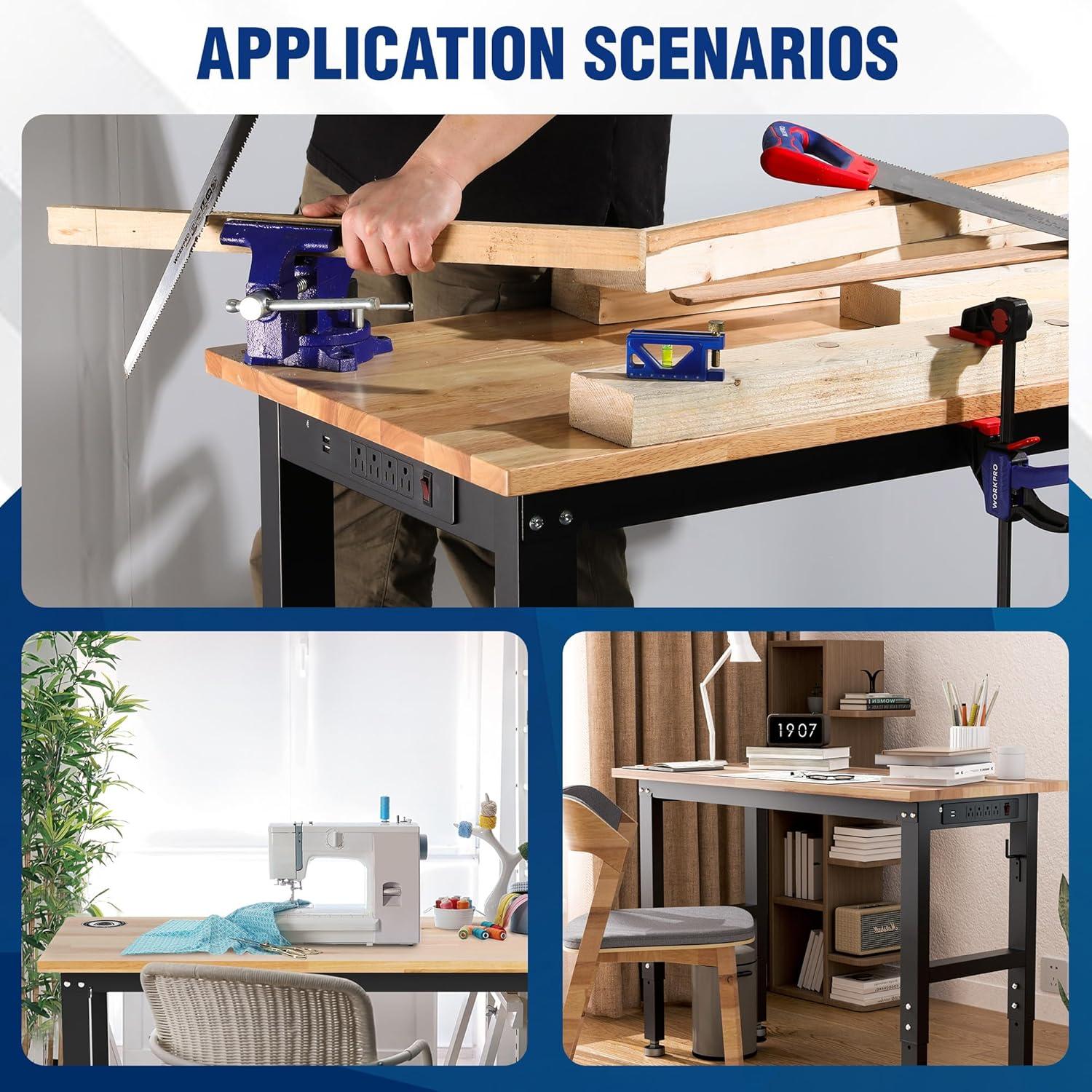 WORKPRO Adjustable Garage Workbench, 48"x22" Rubber Wood Top Heavy-Duty Work Desk with Power Outlets, Leveling Foot, 5 Heights, 1500 LBS Load Capacity Work Benches for Garage, Workshop