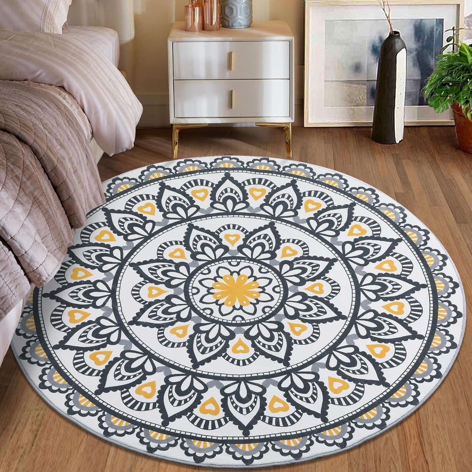 Hasoo 4FT Round Area Rug for Living Room Washable Boho Vintage Oriental Circle Carpet Throw Rug Carpet for Hallway Bedroom Laundry Entryway, Yellow