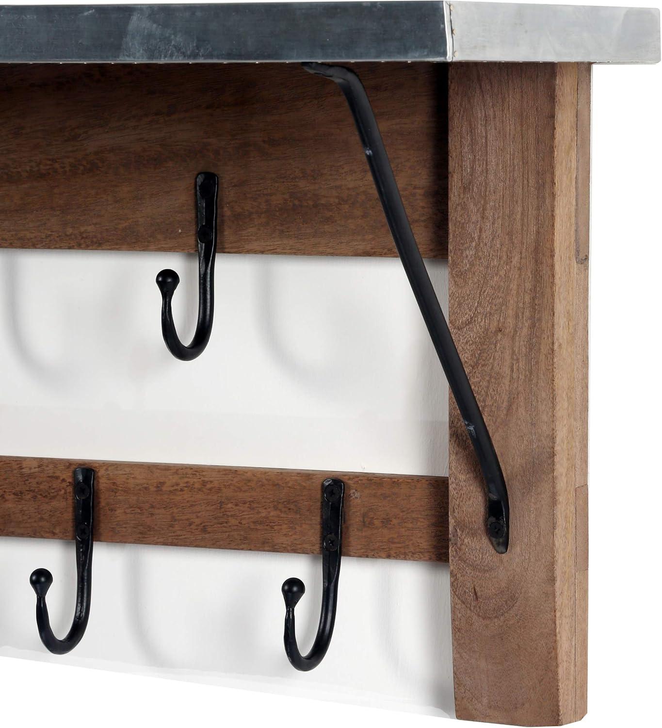 Millwork Double Row Hook Shelf Wood and Zinc Metal Silver/Light Amber - Alaterre Furniture: Mango Wood, 9-Hook Storage Rack