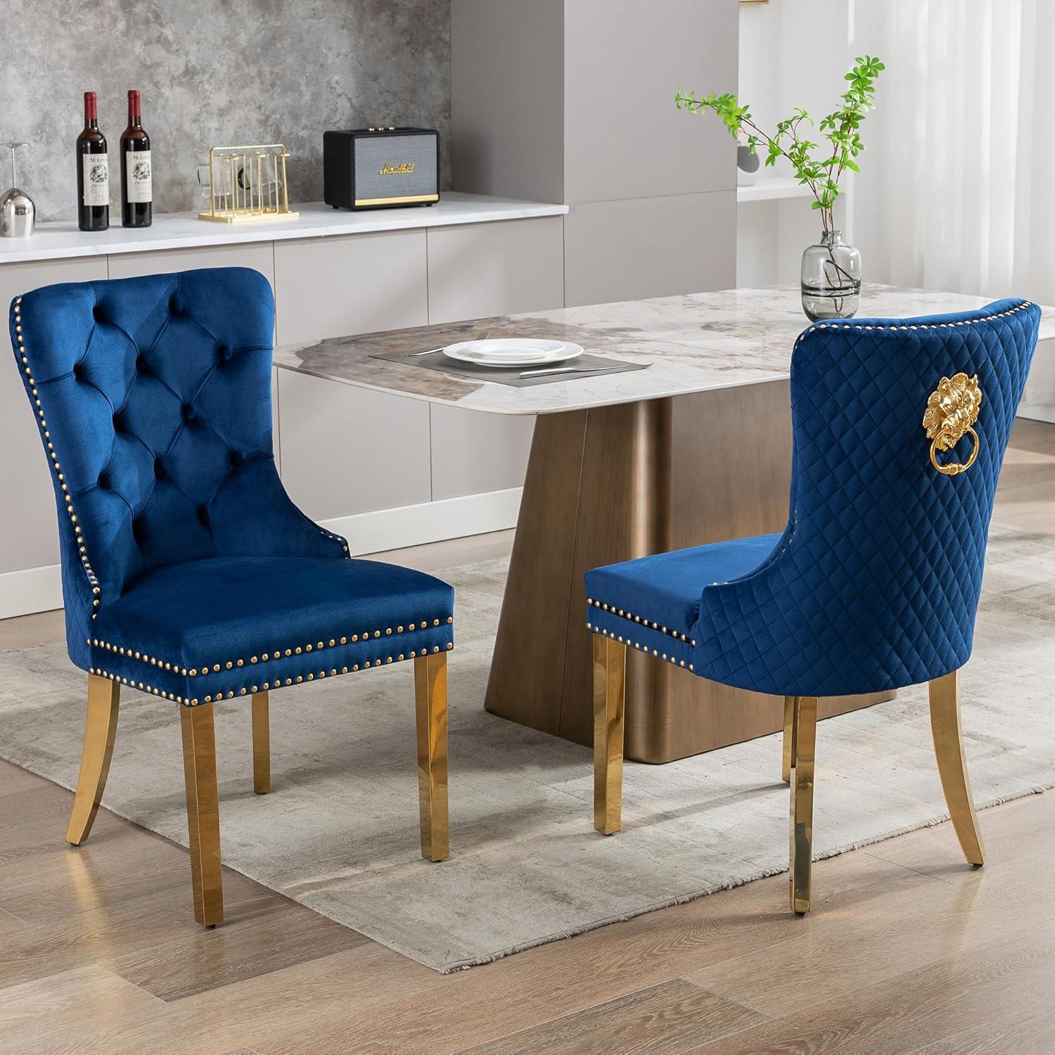 Velvet Upholstered Dining Chairs, Set of 2, Dining Room Tufted Chair, Modern Button Tufted Armless Chairs with Nailhead Trim and Back Ring Pull, Gold Legs, for Dining Room, Kitchen, Navy