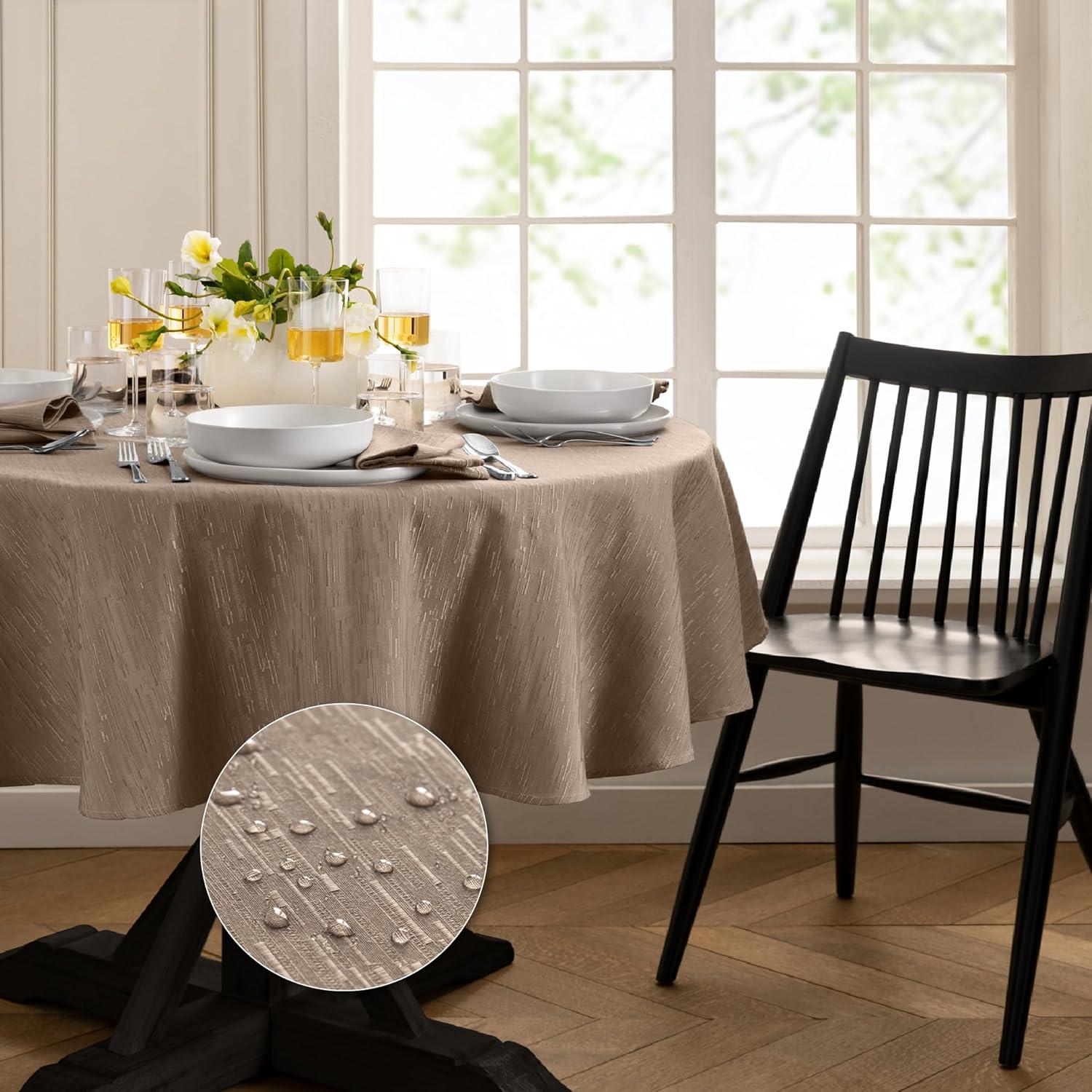 Continental Solid Texture Water and Stain Resistant Tablecloth - 60" x 84" Oval - Taupe - Elrene Home Fashions