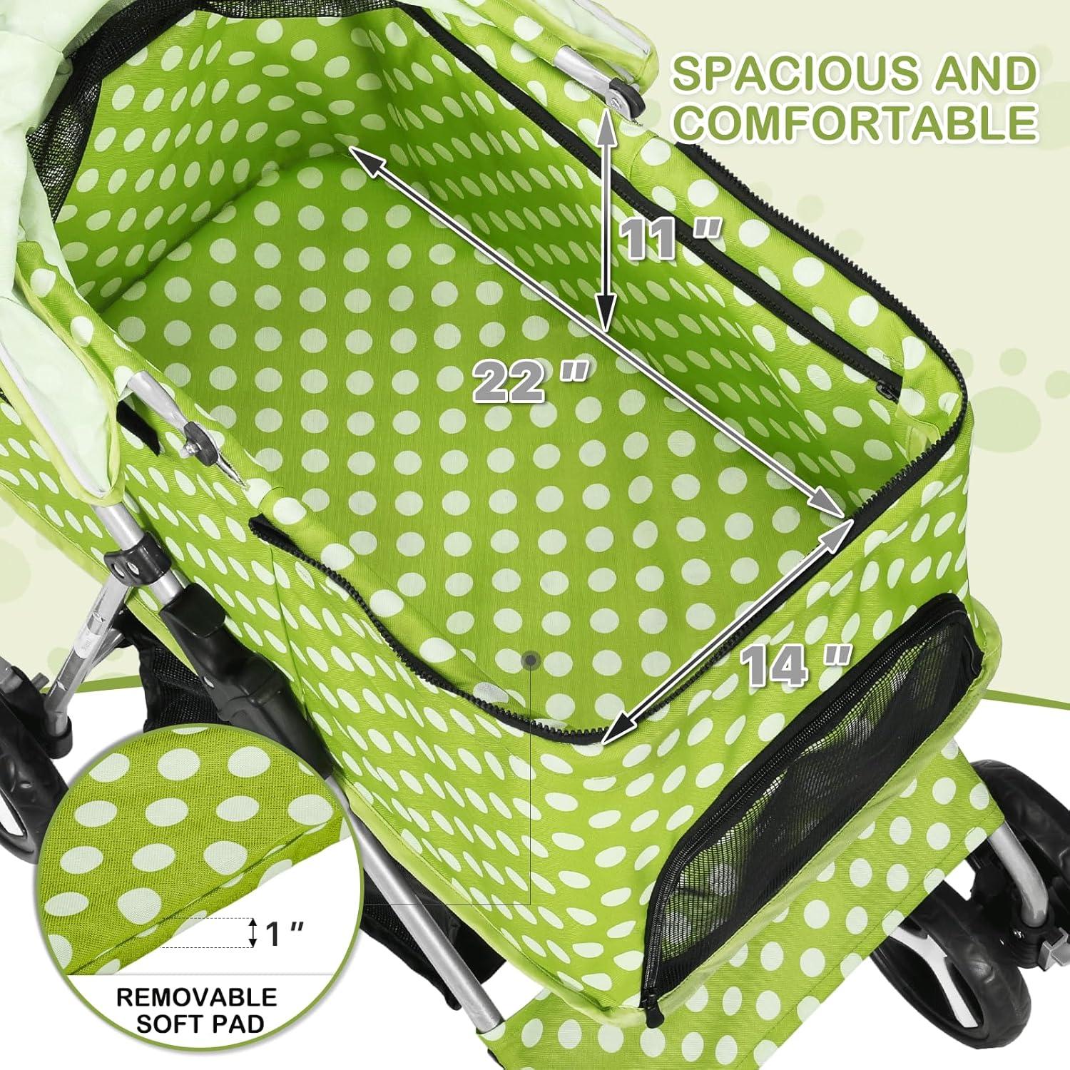 MoNiBloom 4 Wheel Foldable Dog Pet Stroller with Cup Holder, Lawn Green with White Polka Dots