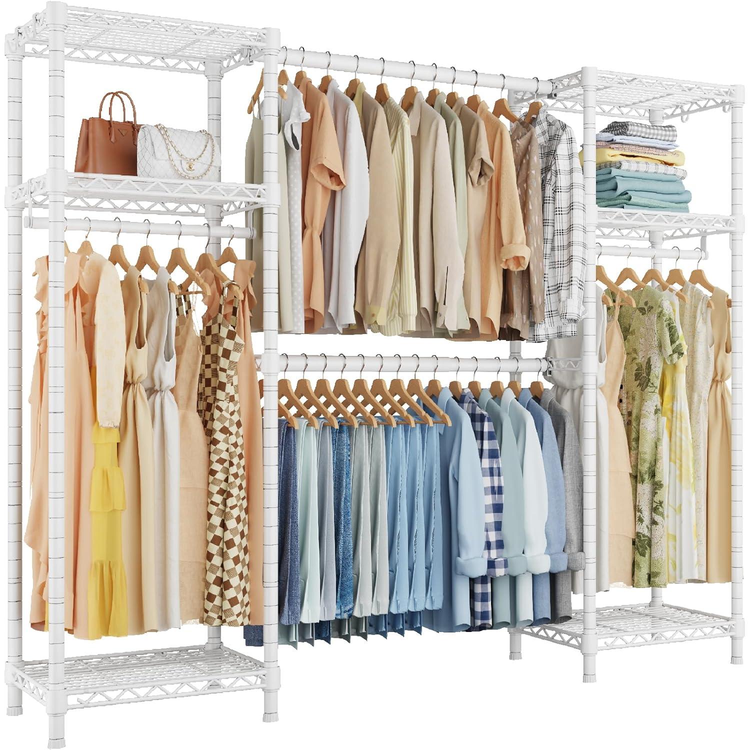 Ulif E7 Heavy Duty Garment Rack, Clothes Organizer and Storage Rack with Expandable Hangers, Metal Clothing Rack with 6 Wire Shelves, (52.3"-72") W x 14.5" D x 71.2" H, Load 838 LBS, White