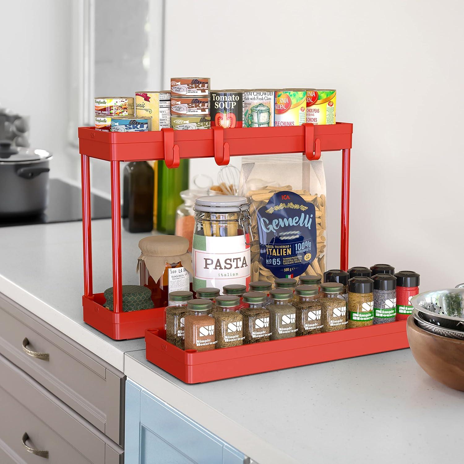 3-Tier Slim/Super Narrow Kitchen Cart with Handle, Hooks and Storage with Shelves,Red