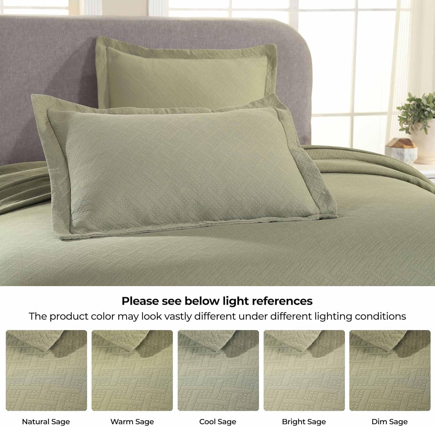 Superior Basketweave Cotton Decorative Bedspread and Sham Set, King, Sage