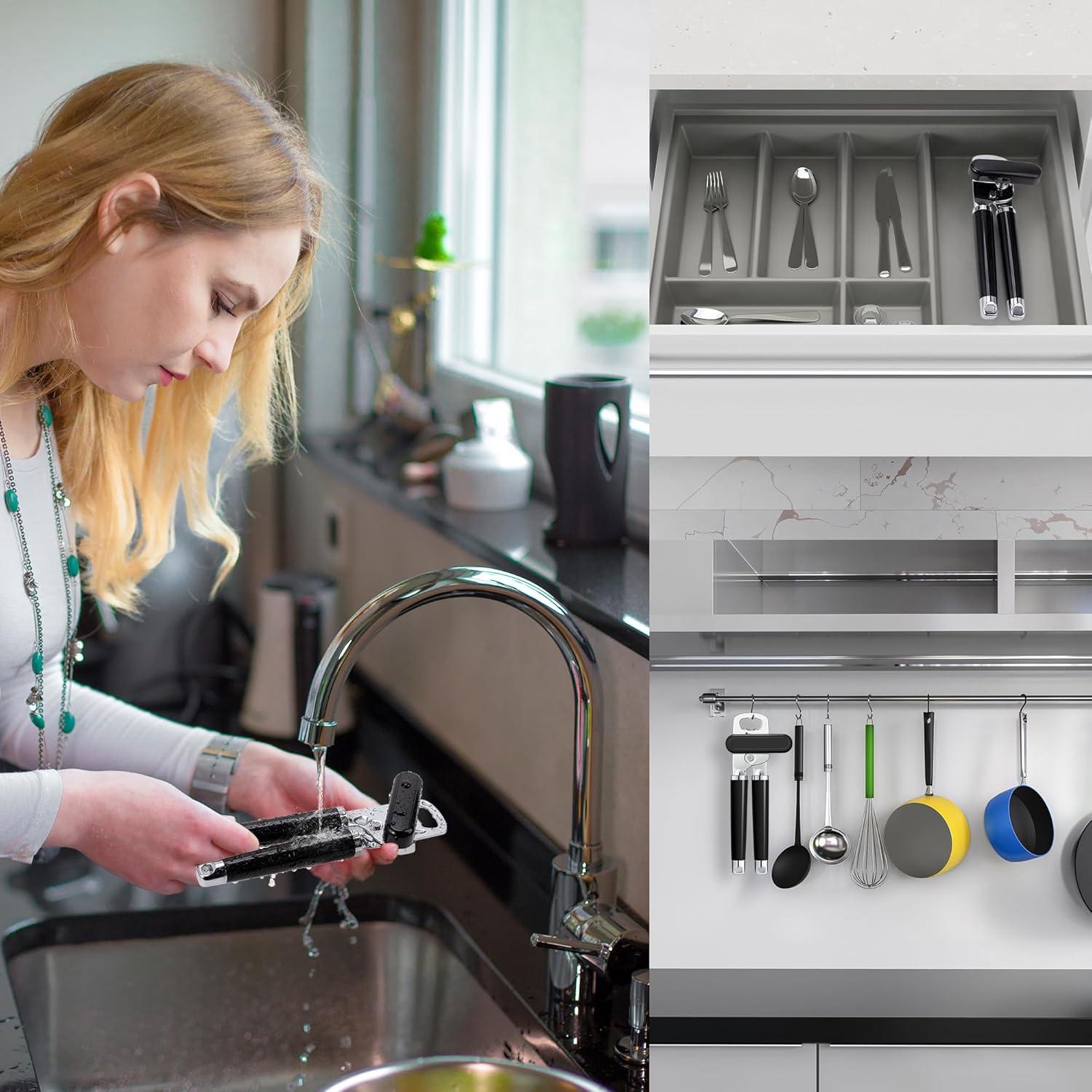 Urbanstrive XL Large Heavy Duty Can Opener Manual Smooth Edge, Hand Held Can Openers for Seniors, Stainless Steel, Comfortable Handle, Built-in Bottle Opener, 8.66 inch (Black)