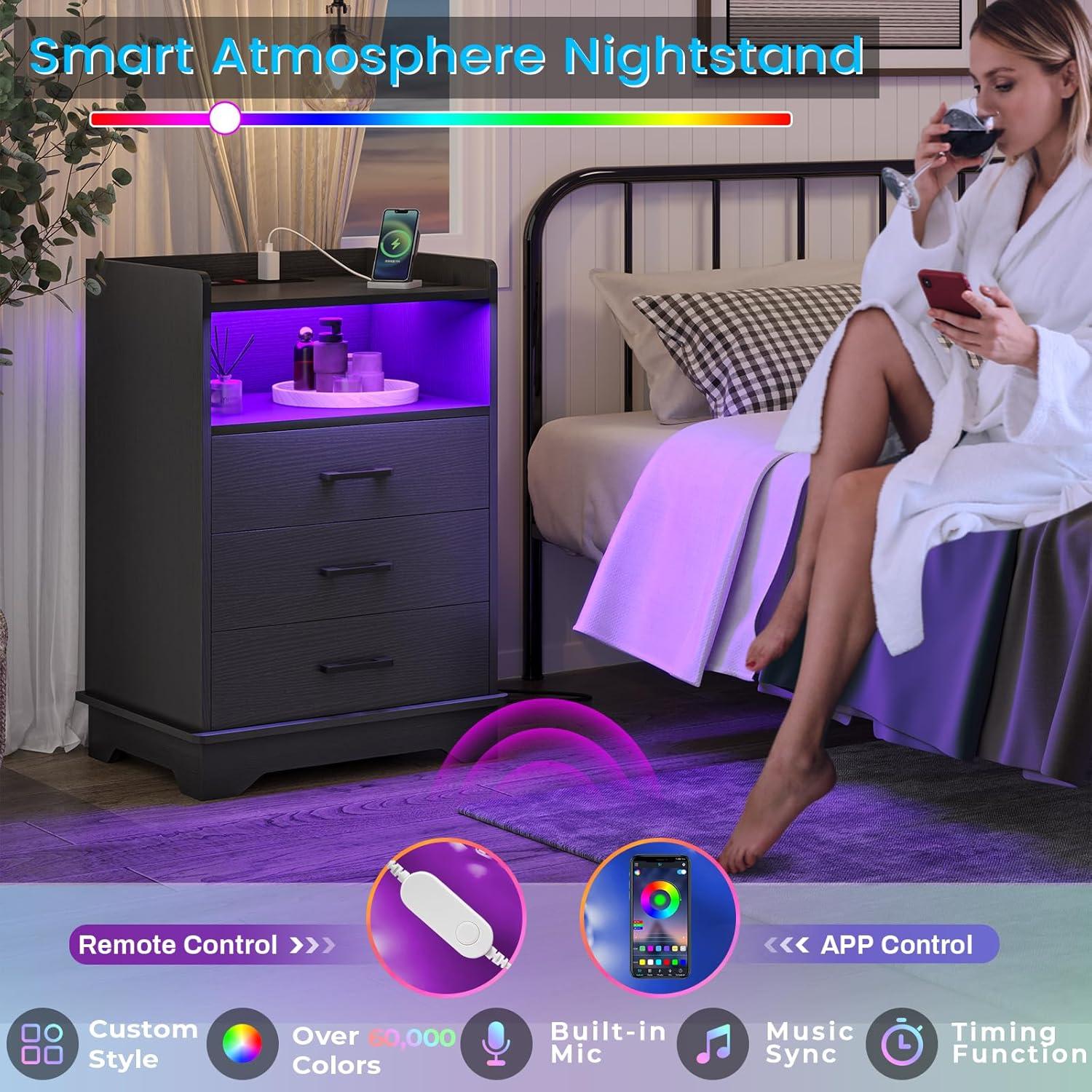 Afuhokles Black LED Nightstand with Charging Station, Night Stand 3 Drawers with Open Storage, Side Table with USB Ports and Outlets